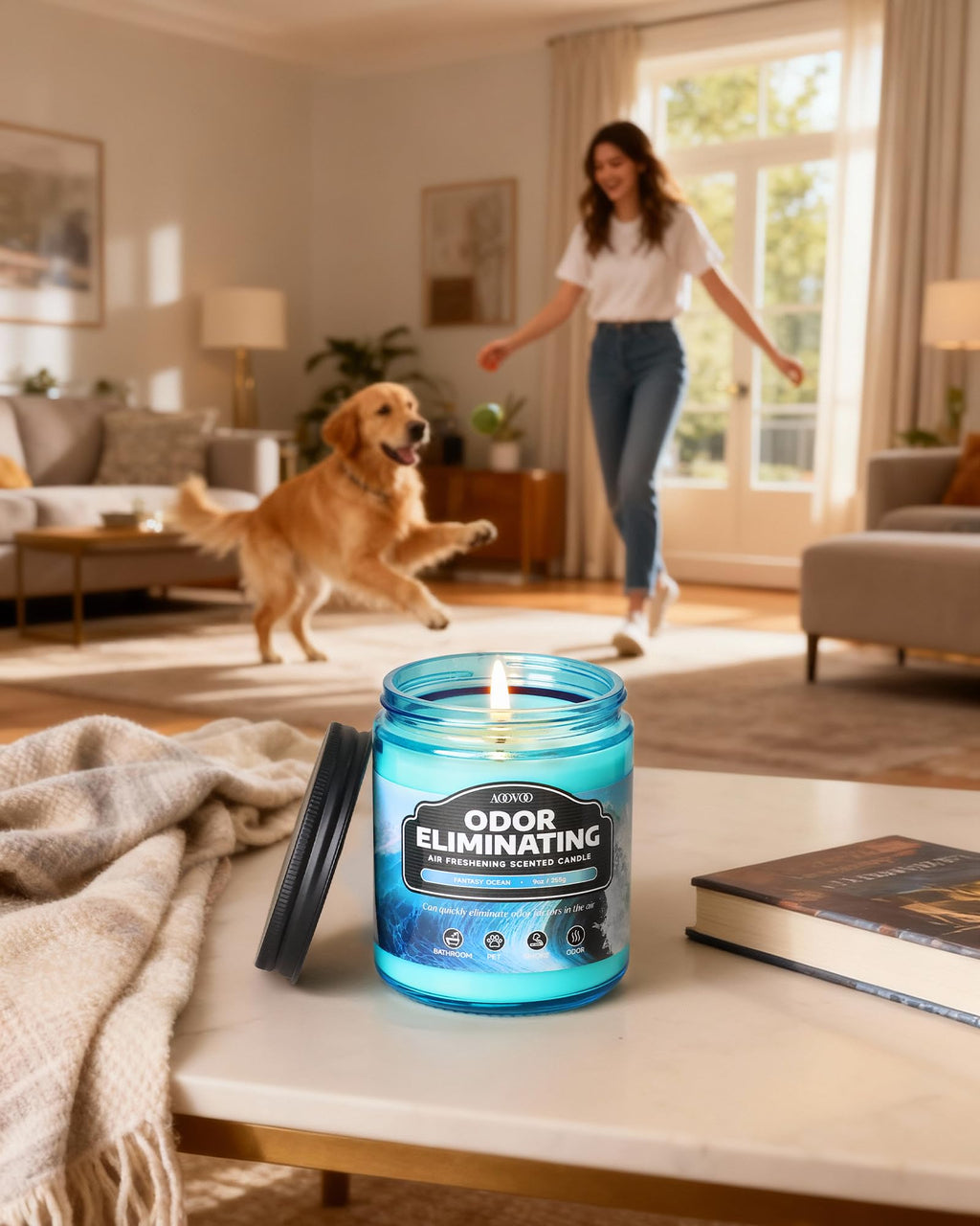 AOOVOO 4 Pack Citrus Lemon Odor Eliminating Highly Fragranced Candle Set - Eliminates 95% of Pet, Smoke, Food, and Other Smells Quickly, Non Toxic Air Freshing Soy Candle