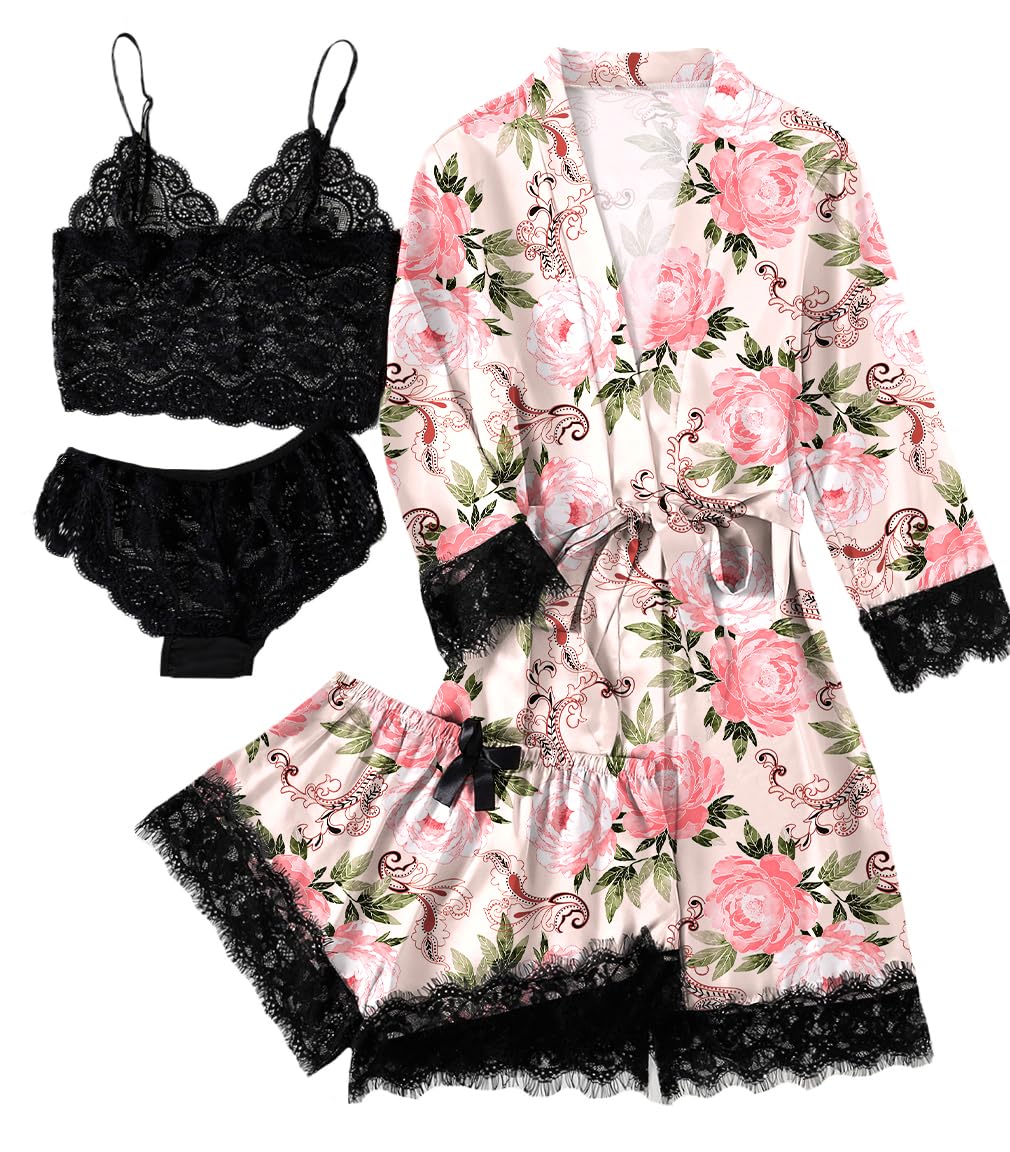 LYANER Women's Sexy Silk Satin Pajamas Set 4pcs Lingerie Nightwear Floral Lace Cami Pjs Sleepwear with Robe