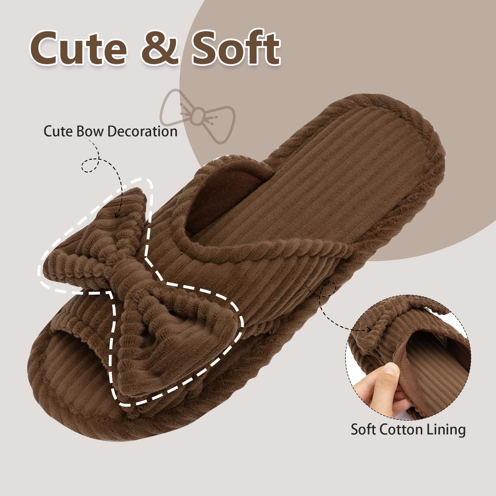 GOEWY Cute Slippers for Women Indoor and Outdoor Cozy Soft Bow Open Toe Womens Slippers with Memory Foam Anti-Skid Sole Slides Spa Birthday Gifts for Women Mom Her Ladies Bridesmaid