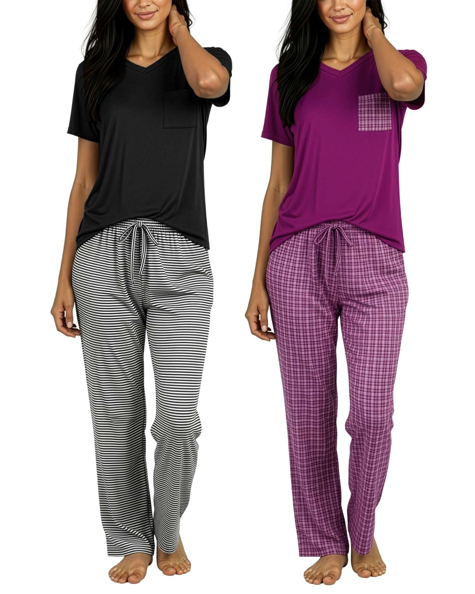 Real Essentials 2 Pack: Women's Comfy Pajama Sets - Short Sleeve Ladies Loungewear Sleepwear PJs (Available In Plus)