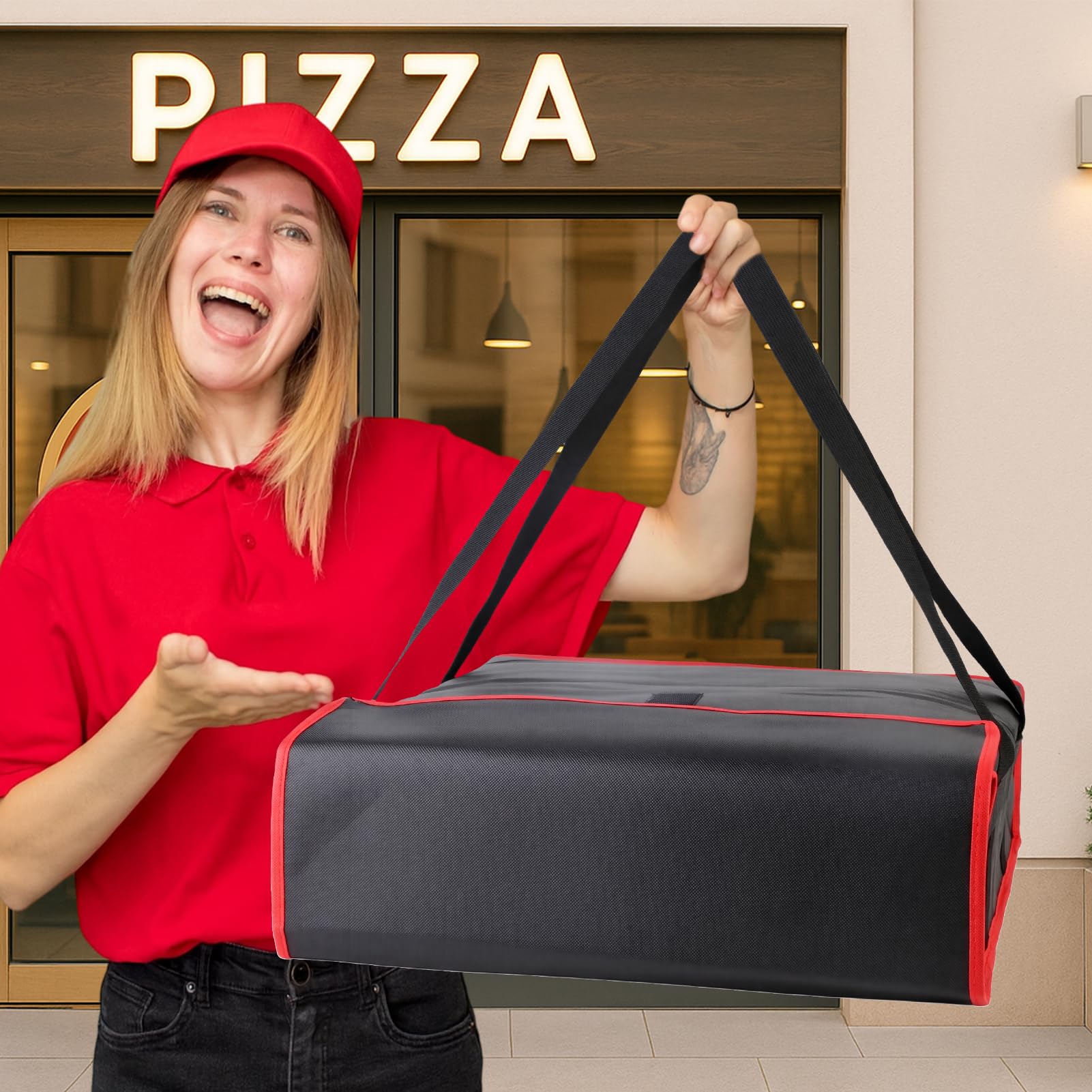 Bodaon Insulated Pizza Delivery Bag, 20" x 20" x 6" Pizza Warmer Bags for Carry Hot, Food Warmers for Parties, Pizza Thermal Insulation, Pizza Carrier for Catering, Red, 1-Pack