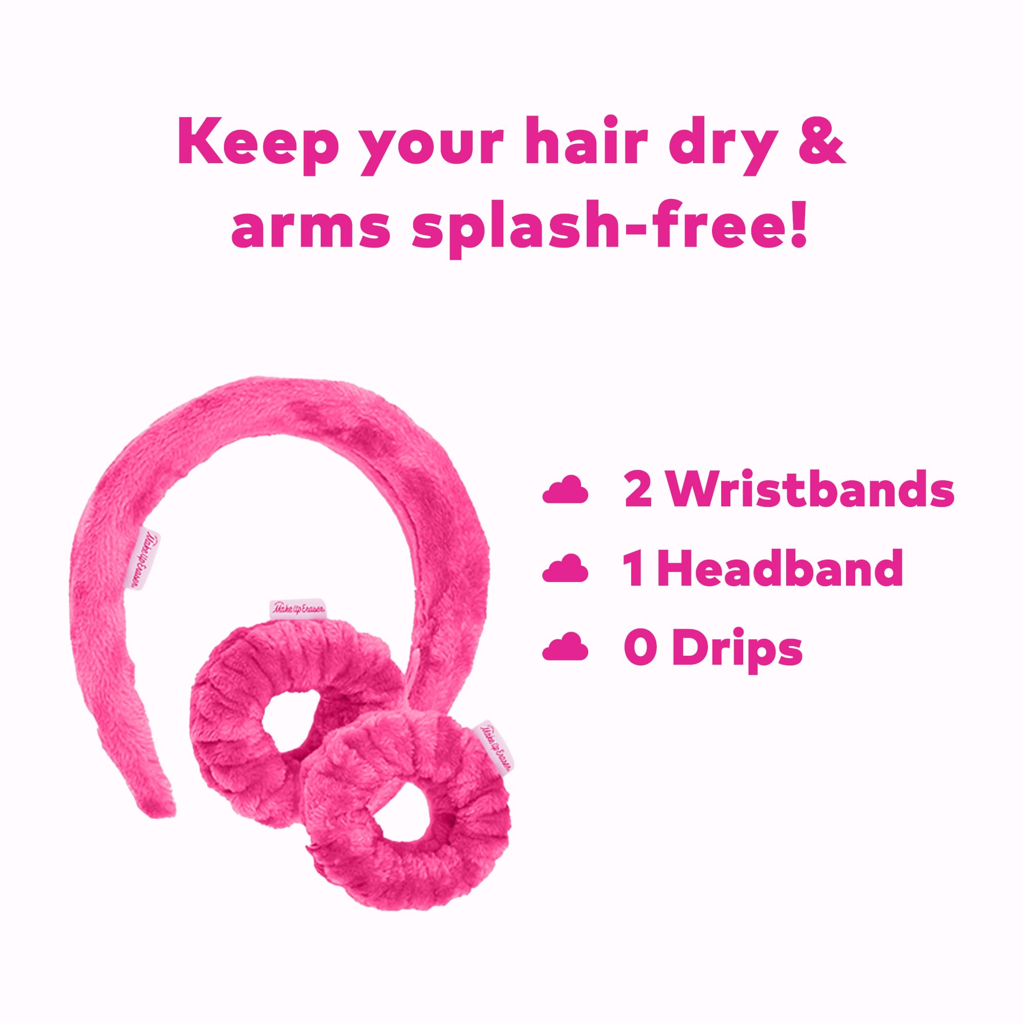 Drip Eraser by The Original Makeup Eraser, Absorbent Headband and Wristbands Collect Water During Face Washing, 3 Piece Spa Set, One Size Fits Most, Original Pink