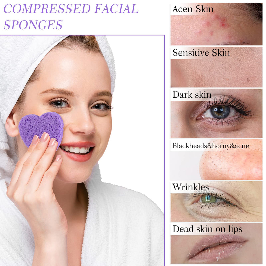 Sieral 120 Pcs Compressed Facial Sponges for Women with Container Disposable Face Sponge Pads for Mask Washing Face Cleansing Exfoliating Pore Esthetician Makeup Removal(Heart,Multicolor)