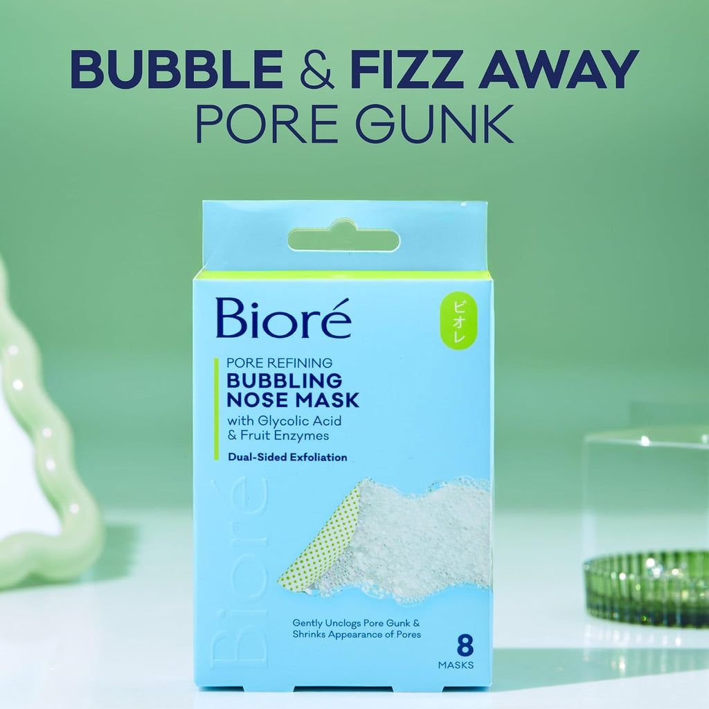 Biore Pore Refining Bubbling Nose Mask, Glycolic Acid and Hyaluronic Acid Exfoliant for Face, Pore Cleansing Mask, 8 Ct