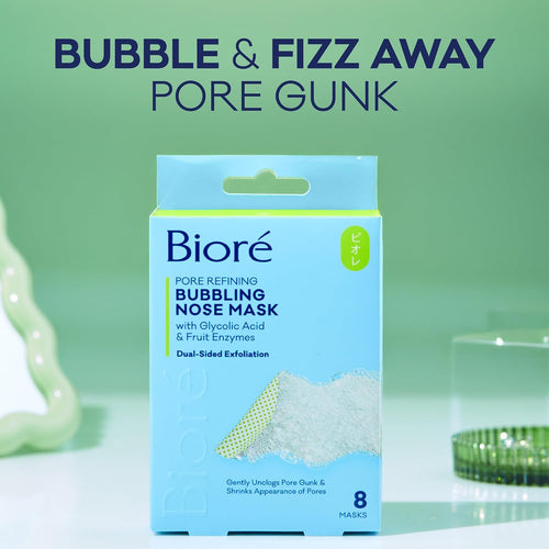 Biore Pore Refining Bubbling Nose Mask, Glycolic Acid and Hyaluronic Acid Exfoliant for Face, Pore Cleansing Mask, 8 Ct