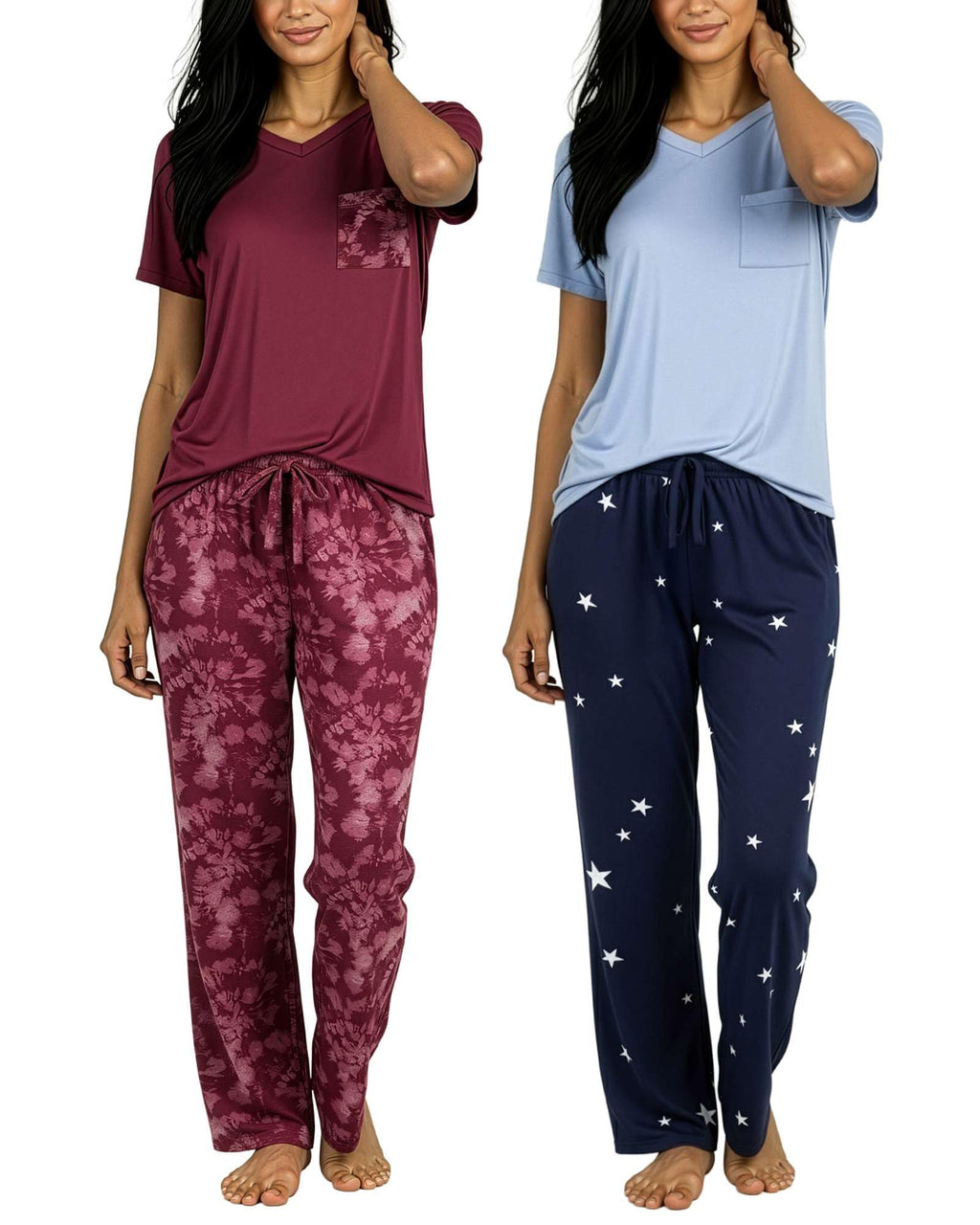 Real Essentials 2 Pack: Women's Comfy Pajama Sets - Short Sleeve Ladies Loungewear Sleepwear PJs (Available In Plus)