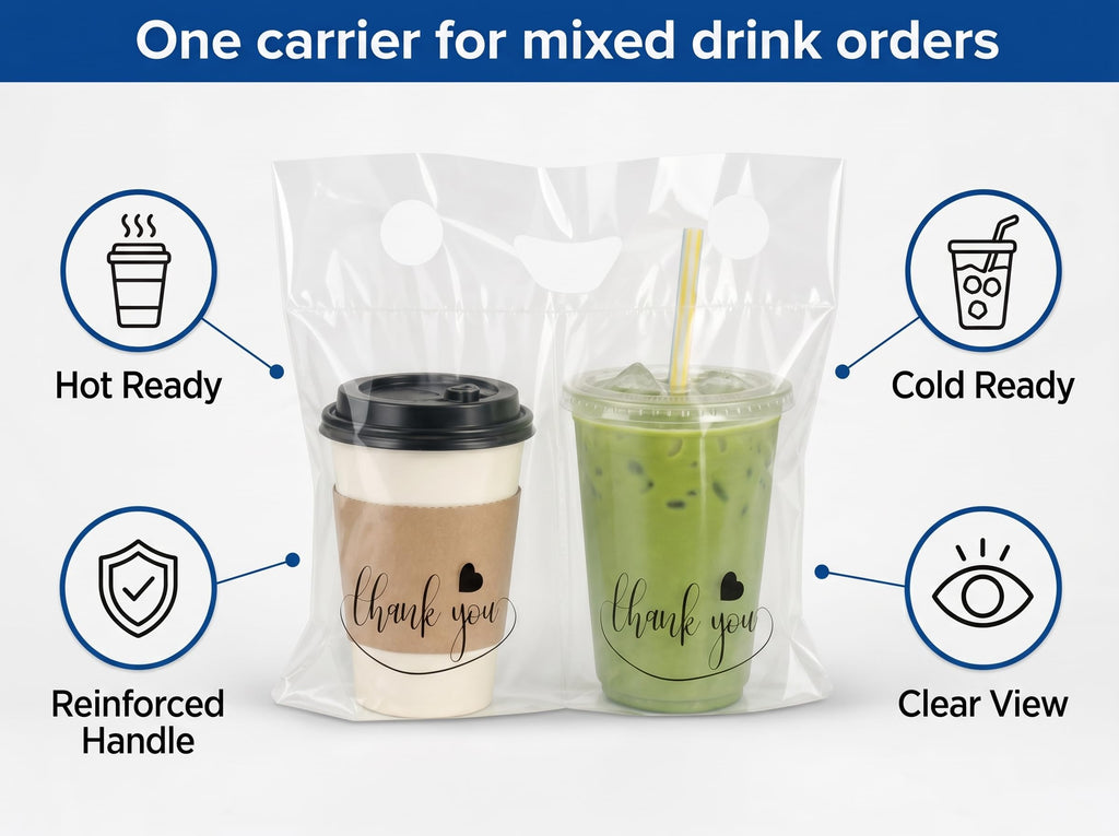 2-Cup Drink Carrier Bags, 32oz Cup Holder for Delivery, 100 pack | Increased 14 inch Width, Stronger Handles, Hot and Cold Beverages, Thick & Stable, Thank You Print, Spill Containment Design