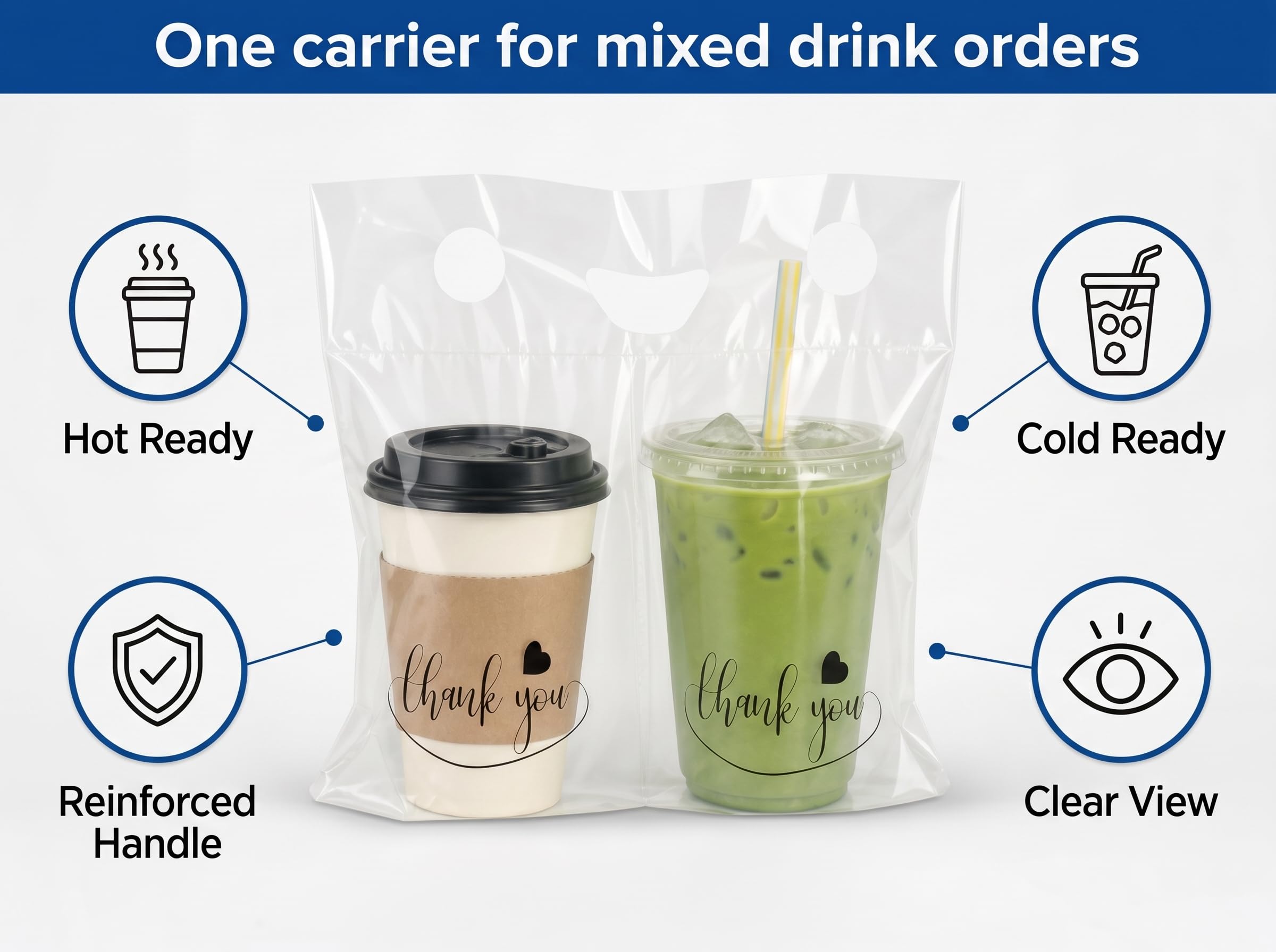 2-Cup Drink Carrier Bags, 32oz Cup Holder for Delivery, 100 pack | Increased 14 inch Width, Stronger Handles, Hot and Cold Beverages, Thick & Stable, Thank You Print, Spill Containment Design