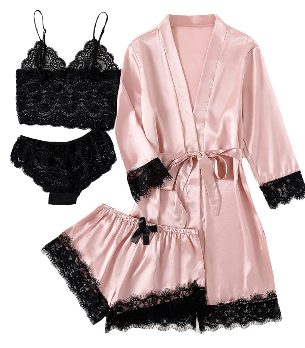 LYANER Women's Sexy Silk Satin Pajamas Set 4pcs Lingerie Nightwear Floral Lace Cami Pjs Sleepwear with Robe