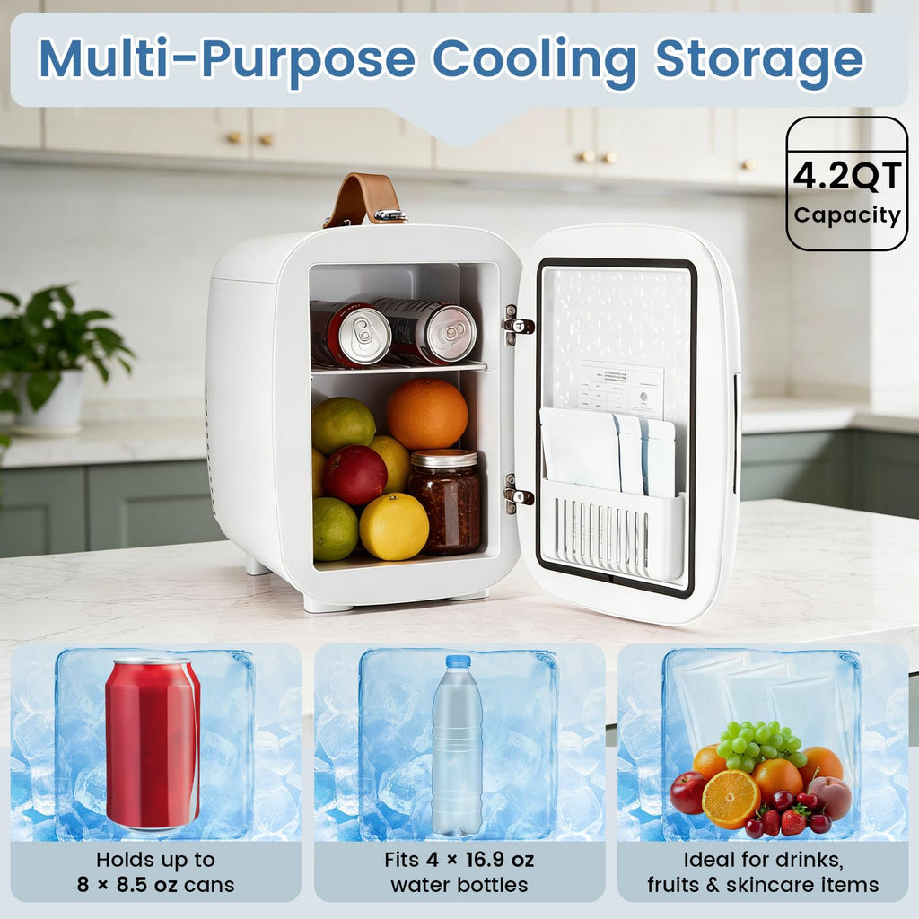 NEWBULIG Mini Fridge for Bedroom, Office & Car, Portable 4L/4.23QT Mini Refrigerator for Skincare with Handle, Ultra-Quiet Energy-Saving Compact Cooler for Drinks, Food, Skincare & Makeup, 12V AC/DC