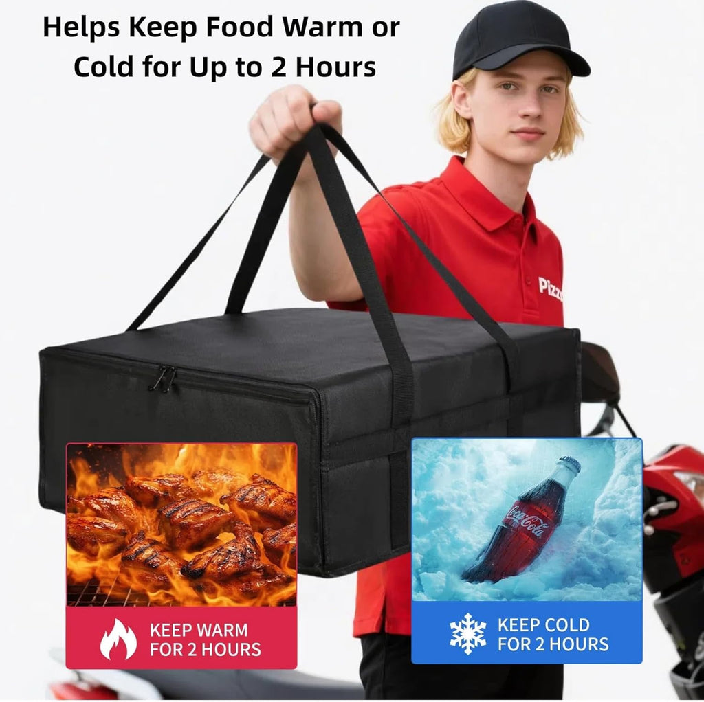 19.6" x 19.6" x 5.9" Insulated Pizza Delivery Bag with Zipper Closure, Thermal Food Carrier for Hot & Cold Meals, Reusable Delivery Bag for Catering, Transport & Home Use, Black (1 Pack)