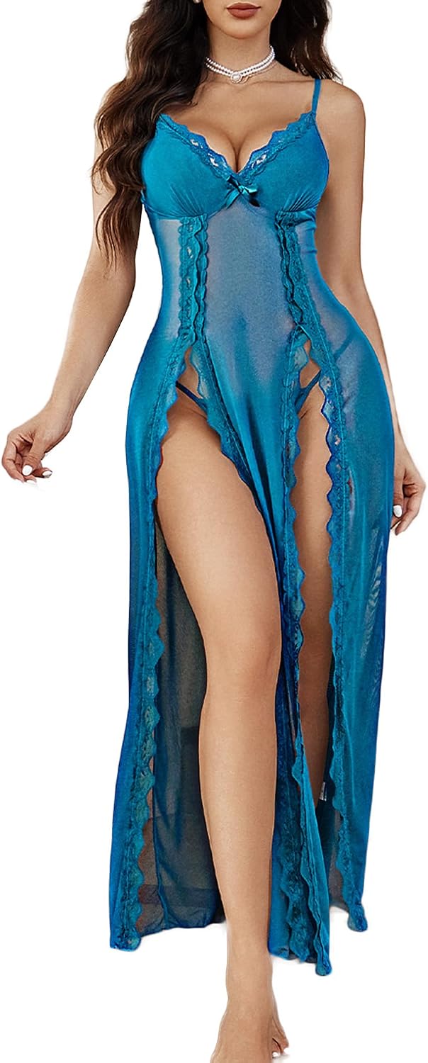 Avidlove Women Lingerie Lace Babydoll Chemise Sexy Mesh Nightdress V Neck Nightwear Side Split Nightgown