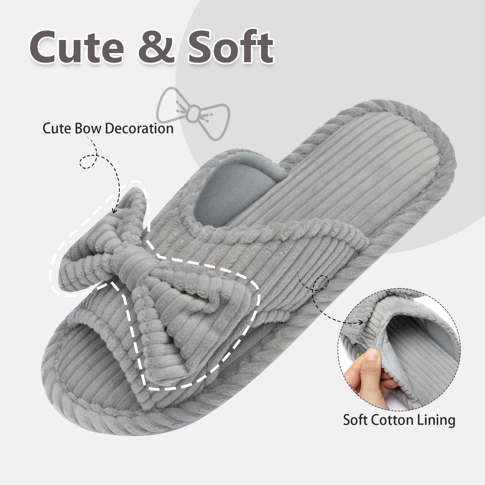 GOEWY Cute Slippers for Women Indoor and Outdoor Cozy Soft Bow Open Toe Womens Slippers with Memory Foam Anti-Skid Sole Slides Spa Birthday Gifts for Women Mom Her Ladies Bridesmaid
