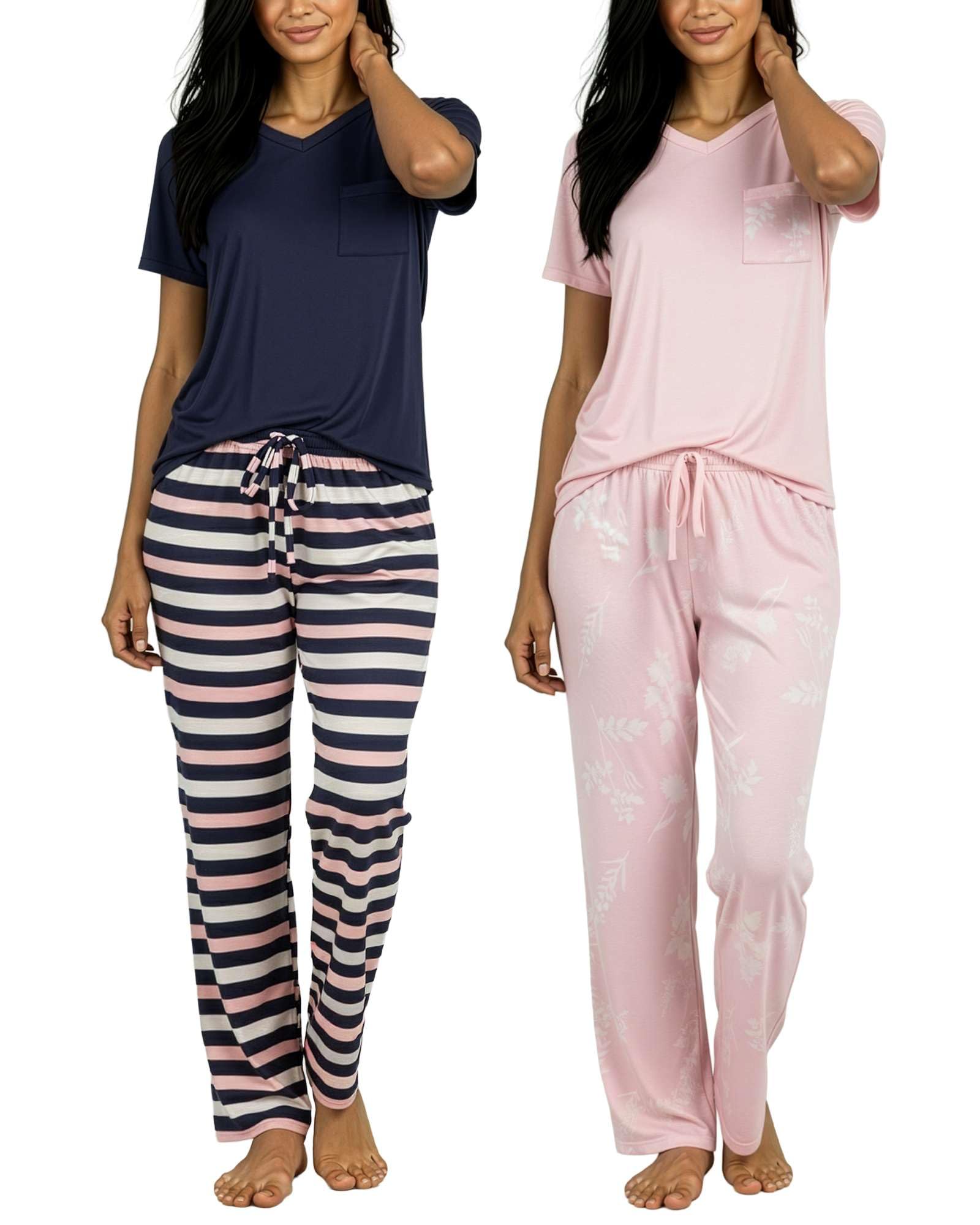 Real Essentials 2 Pack: Women's Comfy Pajama Sets - Short Sleeve Ladies Loungewear Sleepwear PJs (Available In Plus)