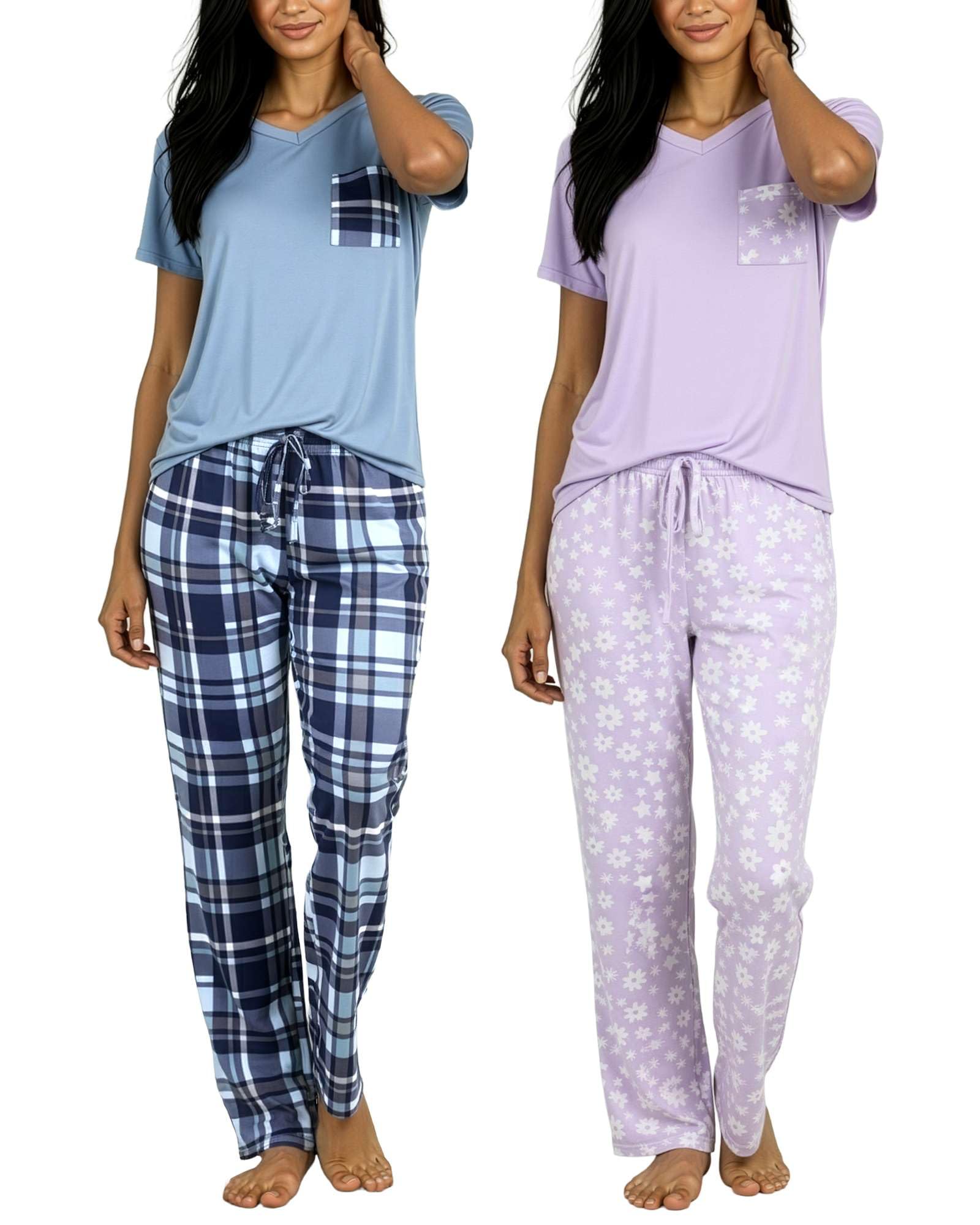Real Essentials 2 Pack: Women's Comfy Pajama Sets - Short Sleeve Ladies Loungewear Sleepwear PJs (Available In Plus)