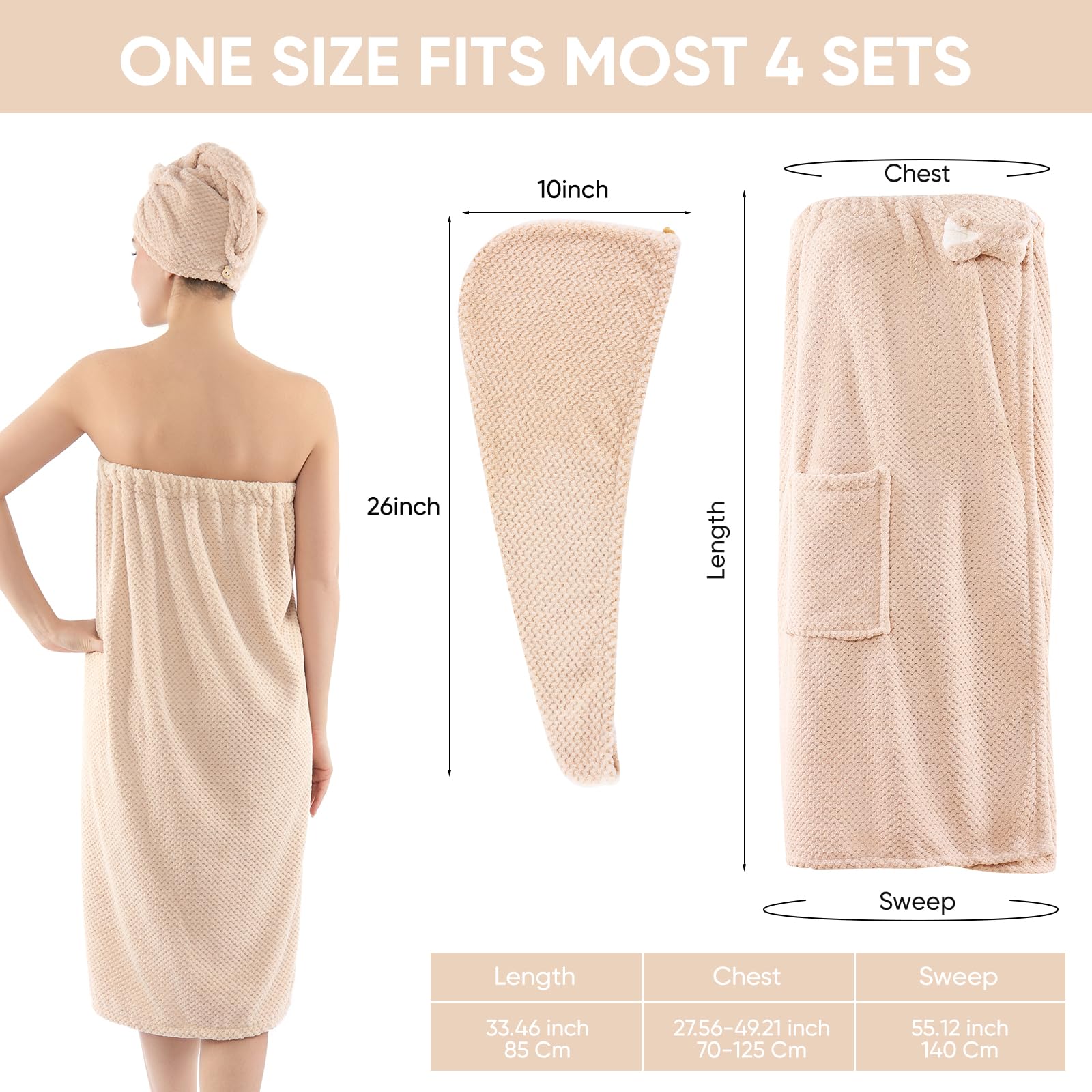 Spa Robe Bath wrap Towels for Women and Hair Drying Towel Waffle Spa Wraps with Pocket Adjustable Closure Lightweight Towel Wraps for Bath Shower (4, Purple)