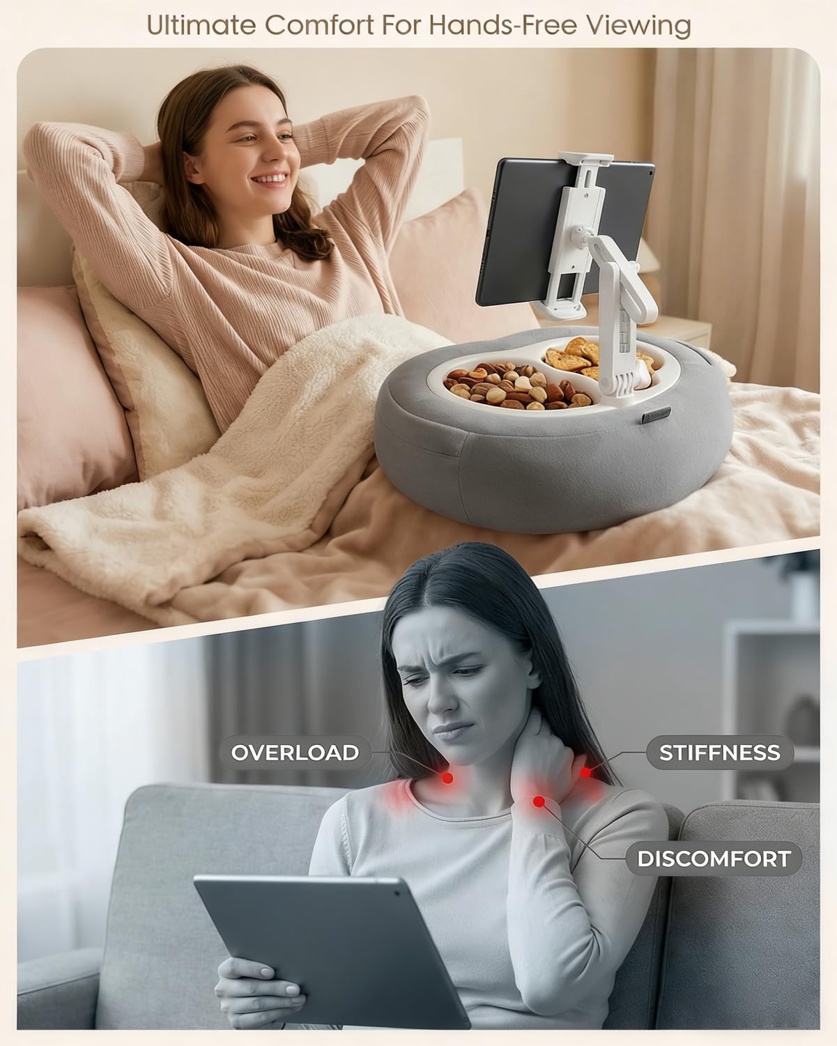 Tablet Pillow Stand, Compatible with 5"-12.9" Kindle, iPad, Phone/Tablet, Google, Samsung, 360° Rotating Phone Holder for Bed, Soft Plush Fabric, Detachable Bowl, Reading and Relaxation on Bed, Pink