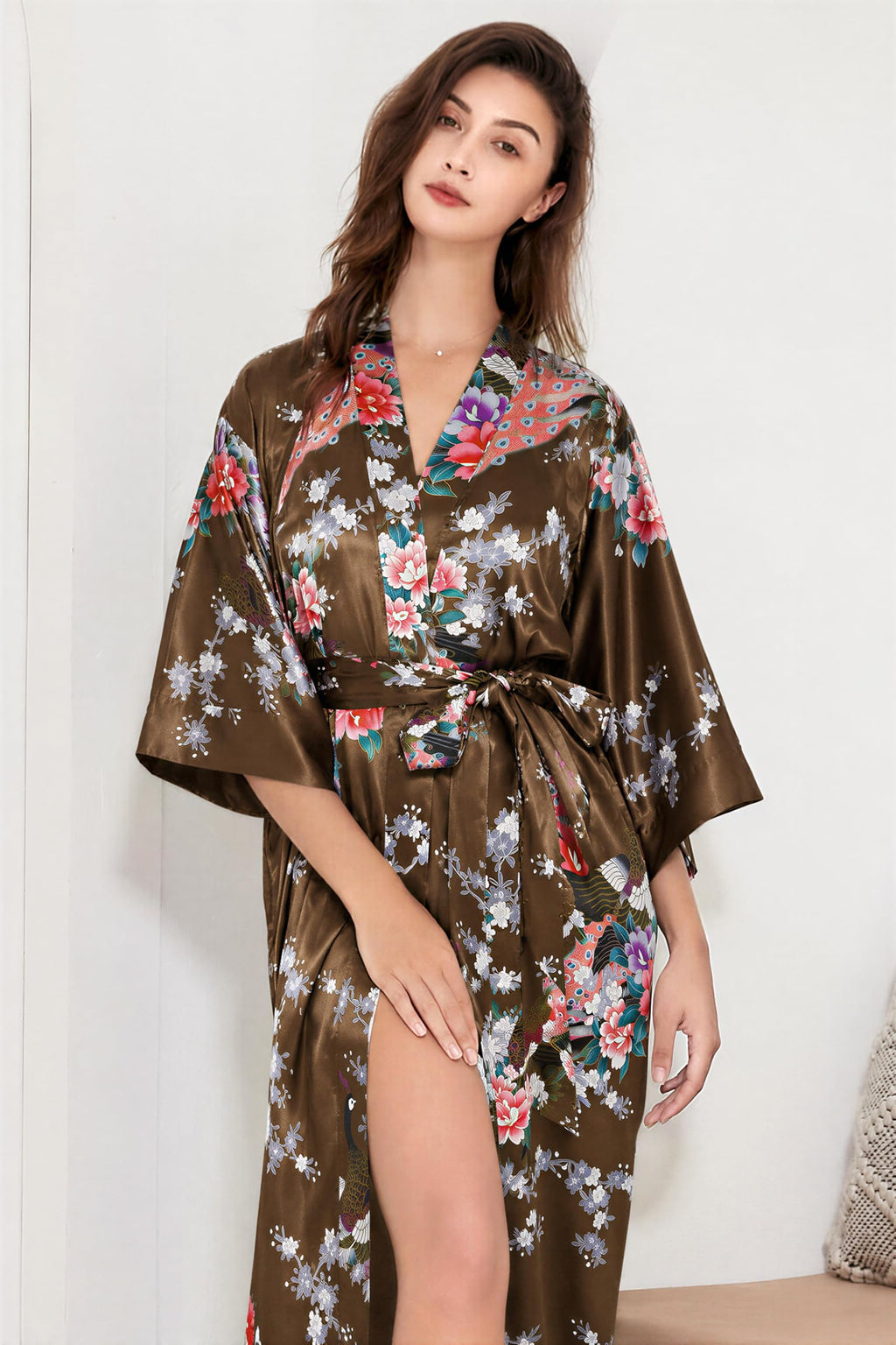 BABEYOND Women's Kimono Robe Long Satin Robes with Peacock and Blossoms Printed Kimono Nightgown