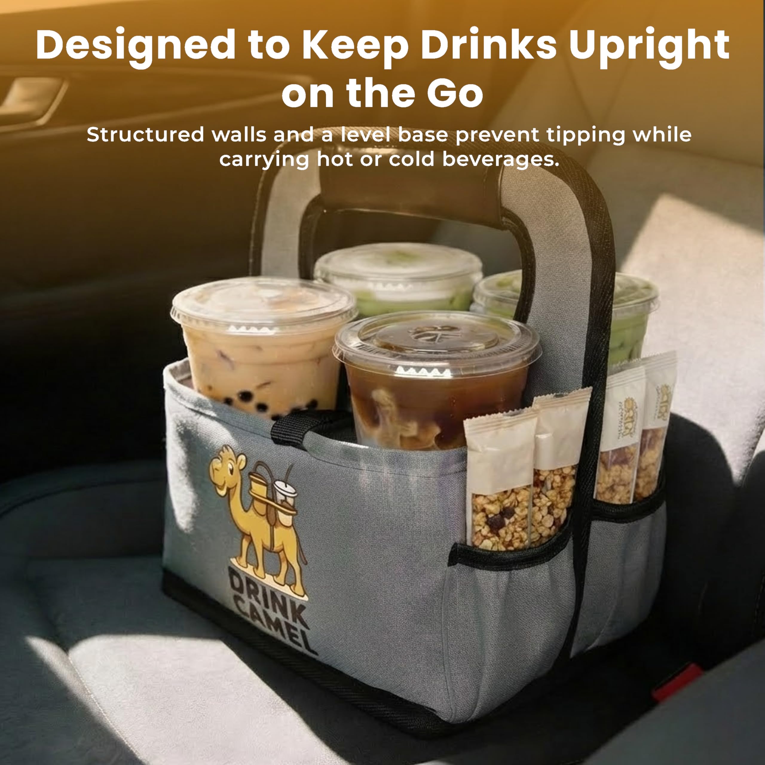 Reusable Drink Carrier with Handle – Durable No-Spill Insulated & Collapsible Beverage Bag with Pockets, Portable Caddy for On-the-Go Delivery, Travel & Car Use (6 Cup Carrier, Jet Black)