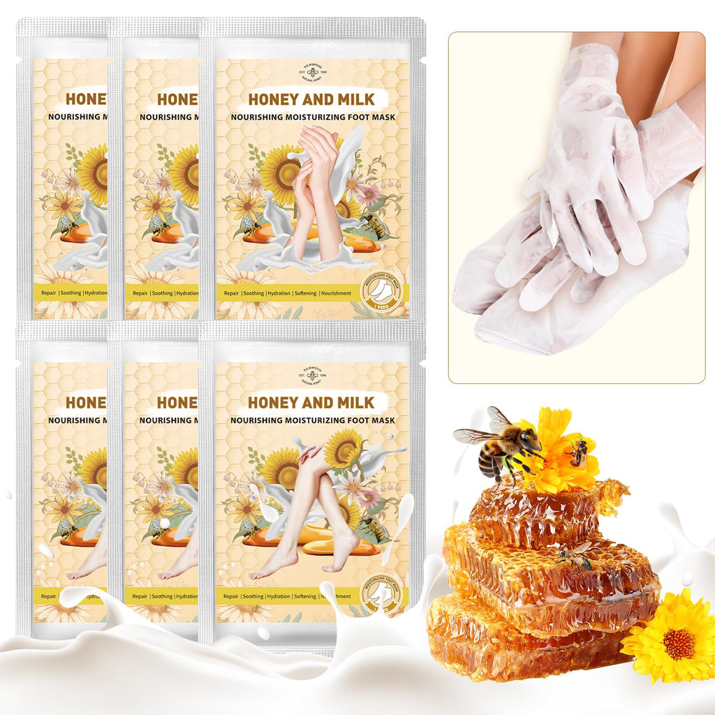 TEAWOO 18 Pairs Moisturizing Hand & Foot Masks with Honey, Milk, Vitamin E & Glycerin, Intensely Hydrating Foot Mask for Dry Cracked Feet, Moisturizing Socks for Cracked Heel Treatment