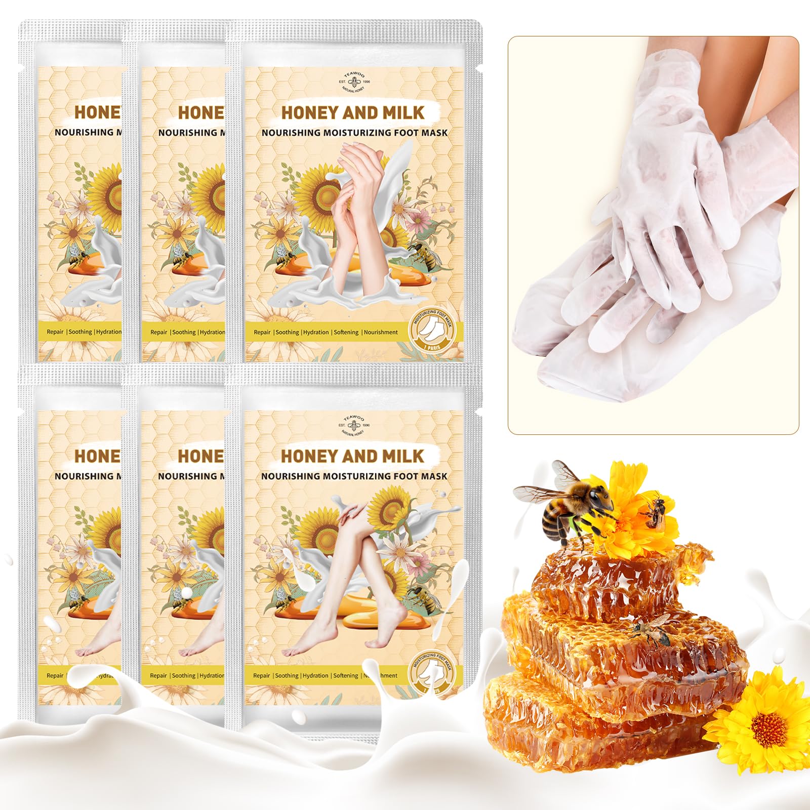 TEAWOO 18 Pairs Moisturizing Hand & Foot Masks with Honey, Milk, Vitamin E & Glycerin, Intensely Hydrating Foot Mask for Dry Cracked Feet, Moisturizing Socks for Cracked Heel Treatment