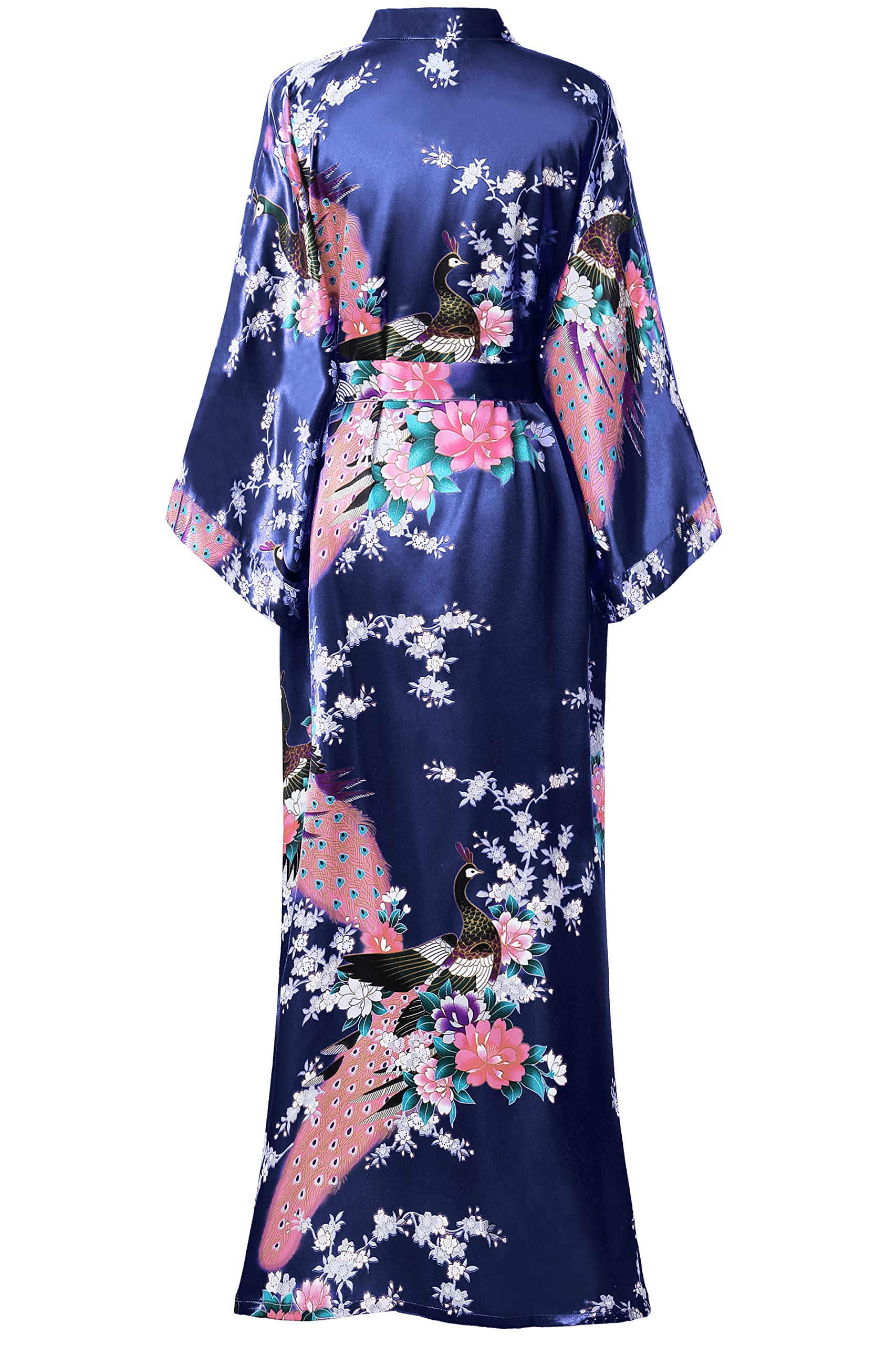 BABEYOND Women's Kimono Robe Long Satin Robes with Peacock and Blossoms Printed Kimono Nightgown