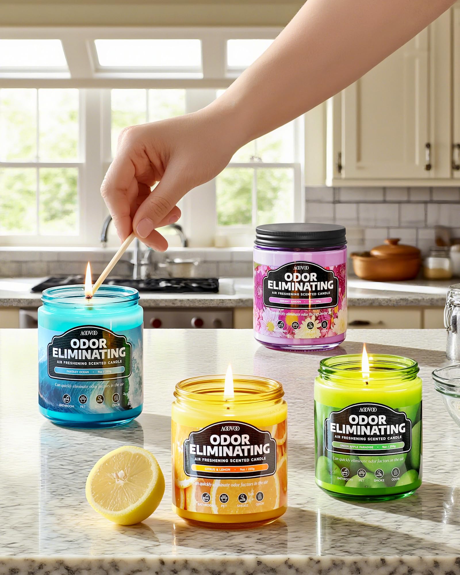AOOVOO 4 Pack Citrus Lemon Odor Eliminating Highly Fragranced Candle Set - Eliminates 95% of Pet, Smoke, Food, and Other Smells Quickly, Non Toxic Air Freshing Soy Candle