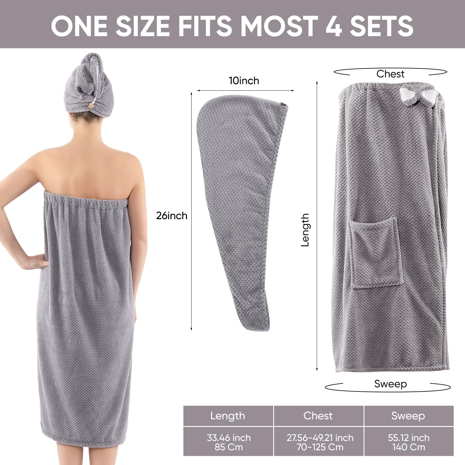 Spa Robe Bath wrap Towels for Women and Hair Drying Towel Waffle Spa Wraps with Pocket Adjustable Closure Lightweight Towel Wraps for Bath Shower (4, Purple)