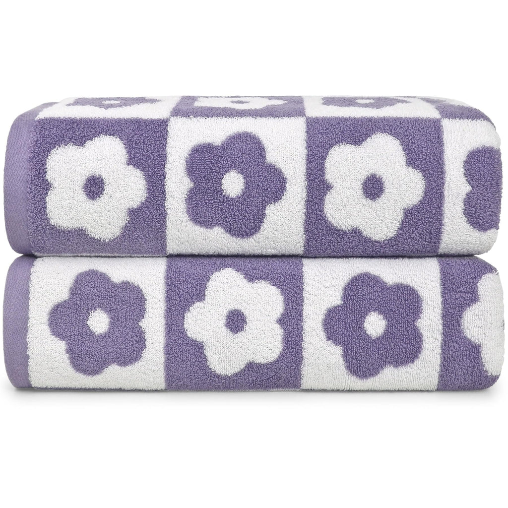 Jacquotha 2-Pieces Luxury Bath Towels Checkered Floral, Pink Towels for Women Girls Shower Body 27.5x55 Inches, Bathroom Decor & Pool Days, Cotton