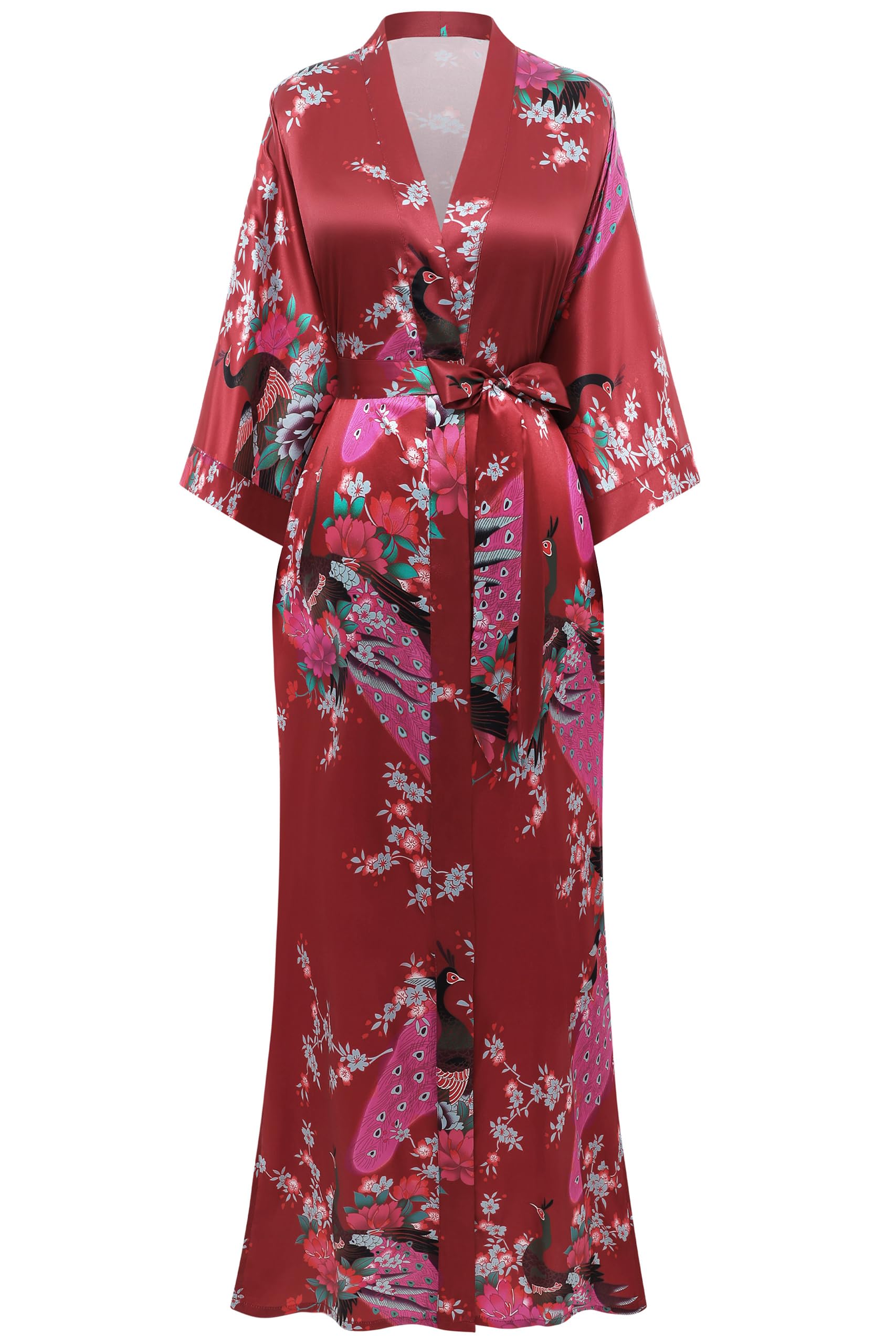 BABEYOND Women's Kimono Robe Long Satin Robes with Peacock and Blossoms Printed Kimono Nightgown