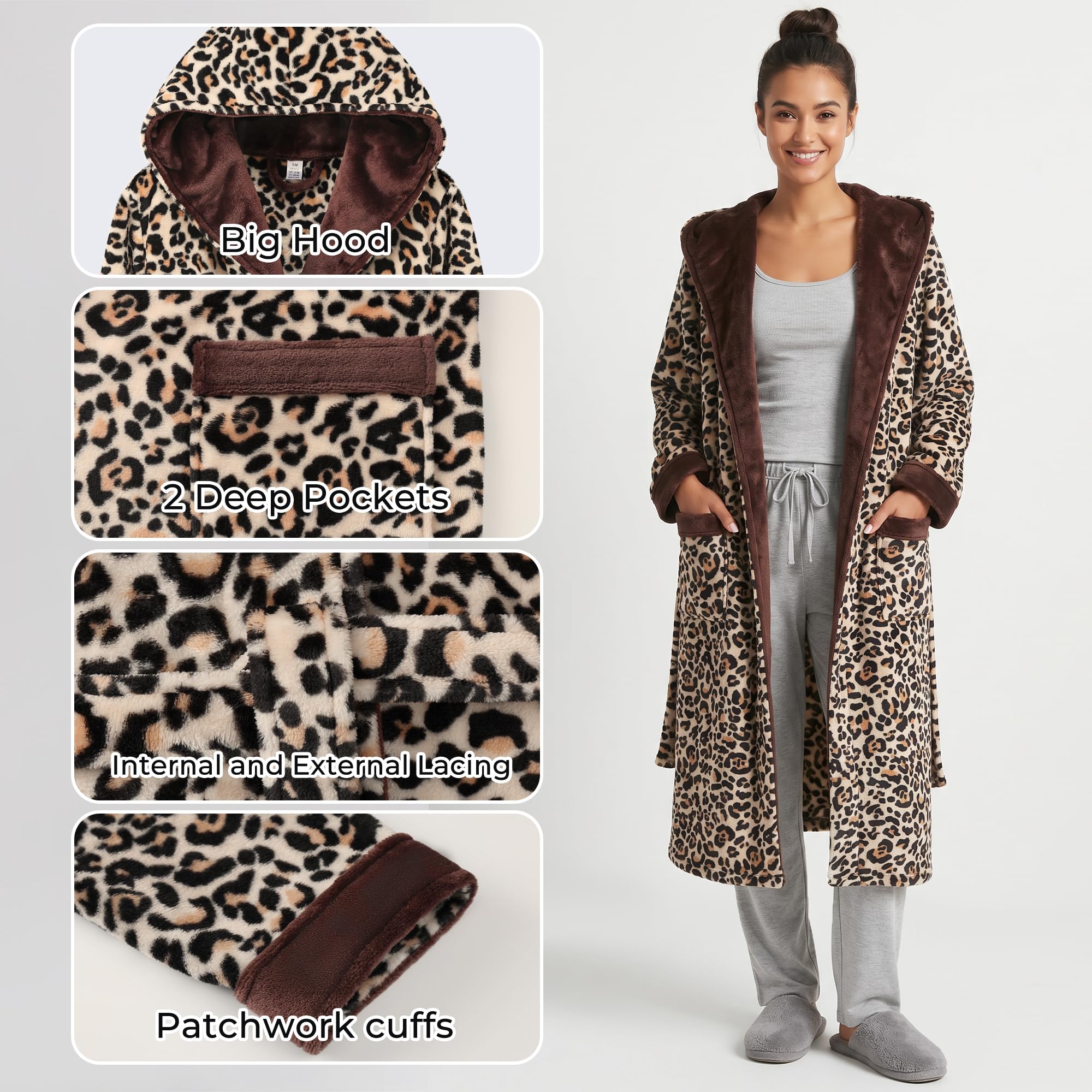 U2SKIIN Womens Hooded Fleece Robes, Soft Plush Long Bathrobe, Comfy Housecoat for Womens