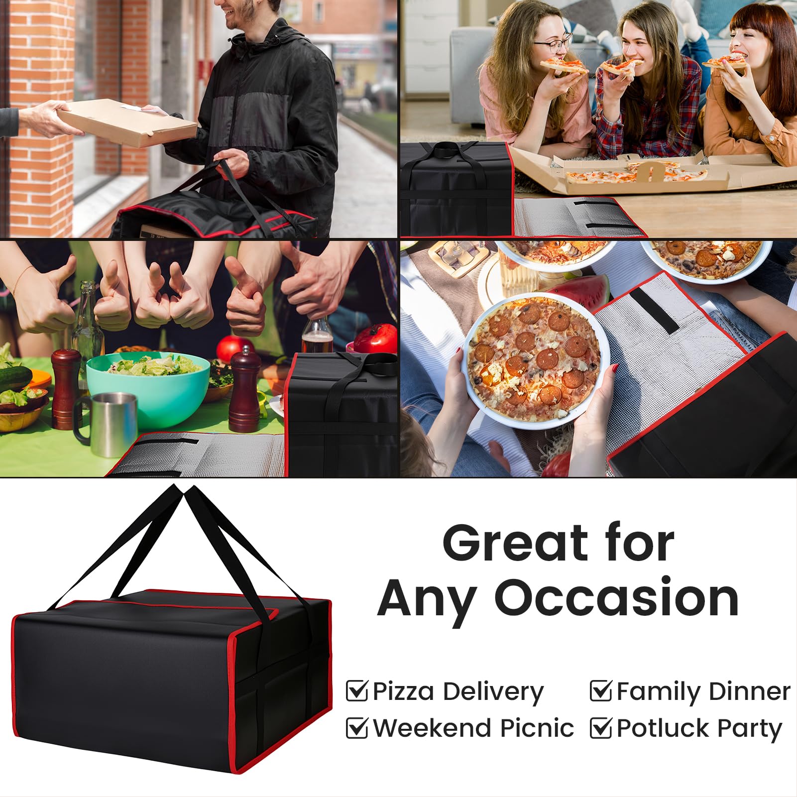 Bodaon Insulated Pizza Delivery Bag, 20" x 20" x 6" Pizza Warmer Bags for Carry Hot, Food Warmers for Parties, Pizza Thermal Insulation, Pizza Carrier for Catering, Red, 1-Pack