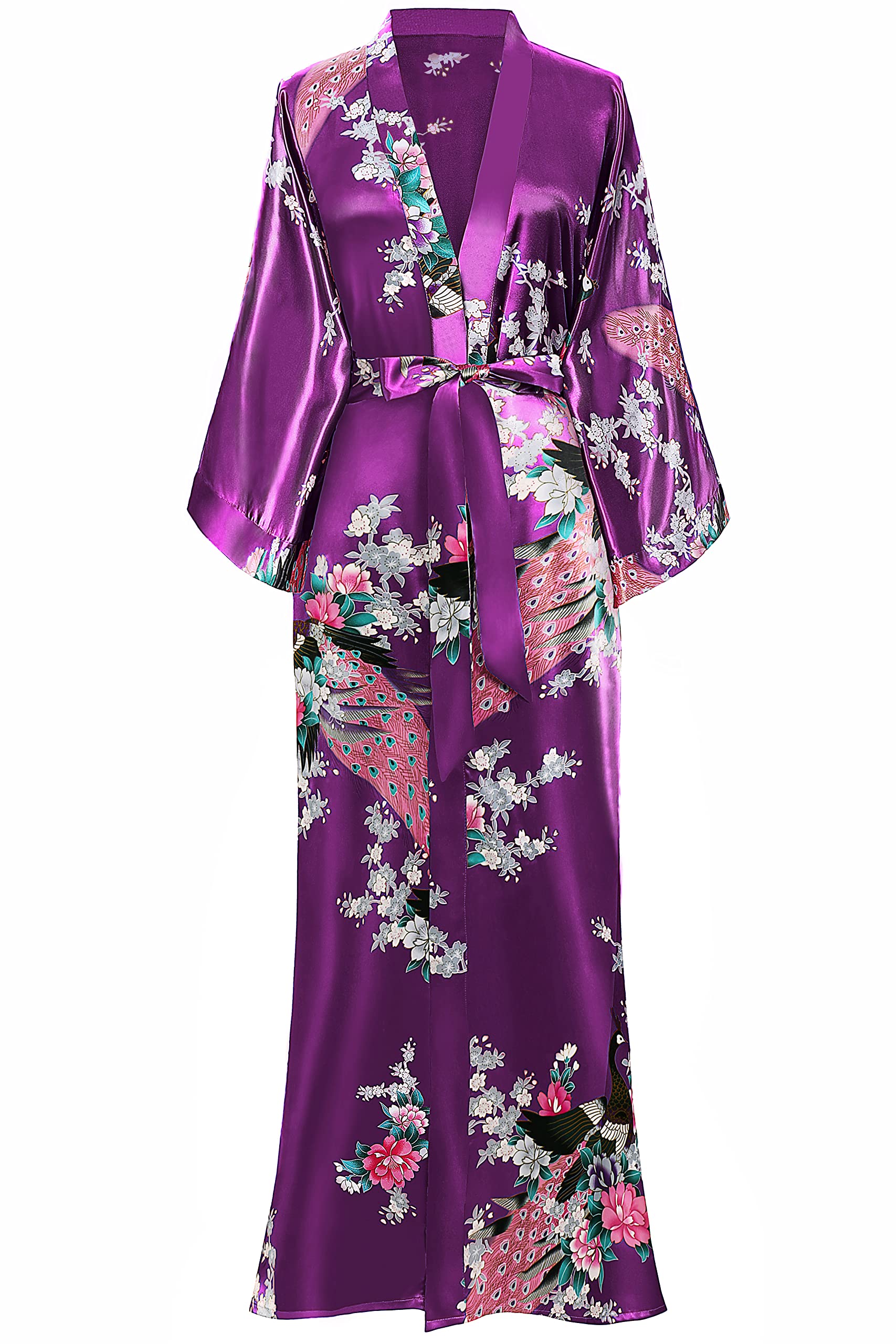 BABEYOND Women's Kimono Robe Long Satin Robes with Peacock and Blossoms Printed Kimono Nightgown