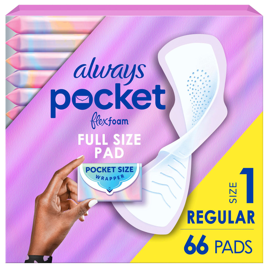 Always Pocket Feminine Pads with FlexFoam, Size 1, Regular, with Wings, Unscented, 66 Count (3 Packs of 22)