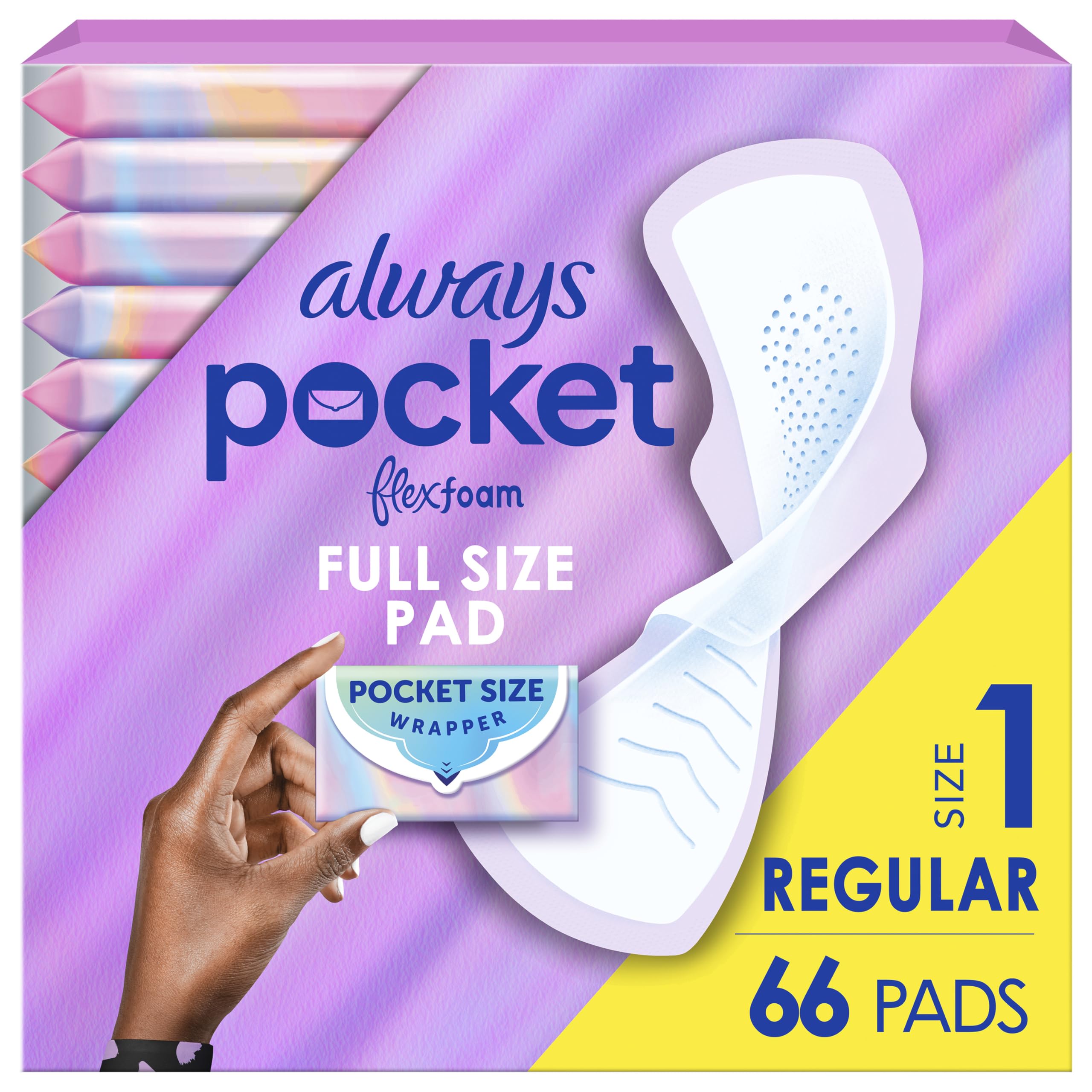 Always Pocket Feminine Pads with FlexFoam, Size 1, Regular, with Wings, Unscented, 66 Count (3 Packs of 22)