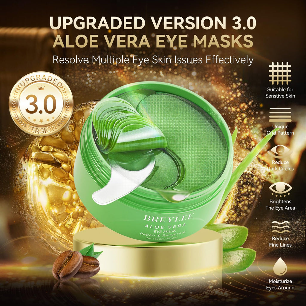BREYLEE Aloe Vera Eye Masks– 60 Pcs - Puffy Eyes and Dark Circles Treatments – Look Younger and Reduce Wrinkles and Fine Lines Undereye, Improve and Firm eye Skin - Pure Natural Material Extraction