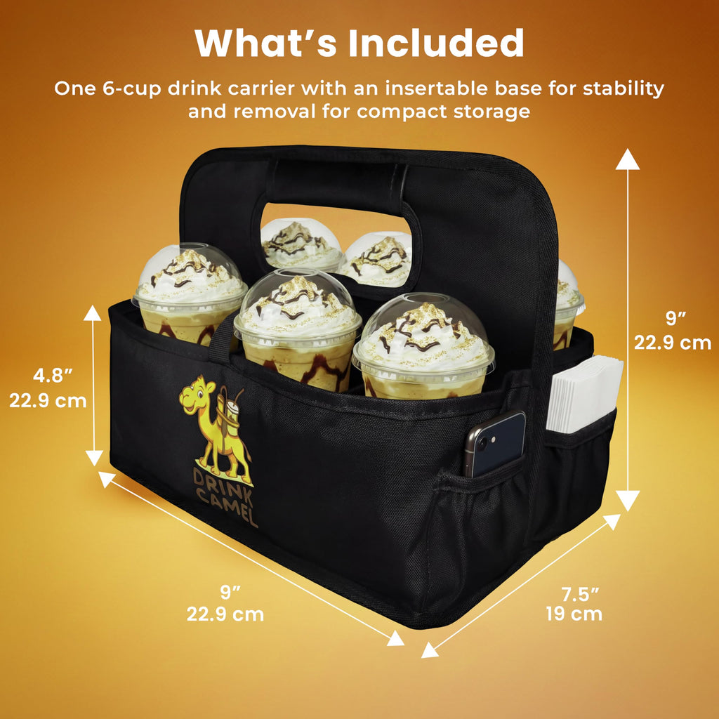 Reusable Drink Carrier with Handle – Durable No-Spill Insulated & Collapsible Beverage Bag with Pockets, Portable Caddy for On-the-Go Delivery, Travel & Car Use (6 Cup Carrier, Jet Black)