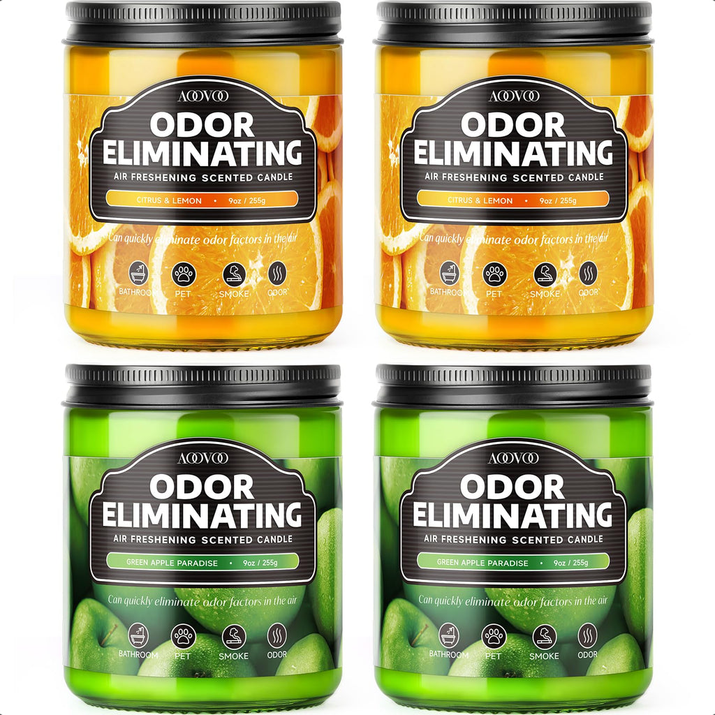 AOOVOO 4 Pack Citrus Lemon Odor Eliminating Highly Fragranced Candle Set - Eliminates 95% of Pet, Smoke, Food, and Other Smells Quickly, Non Toxic Air Freshing Soy Candle