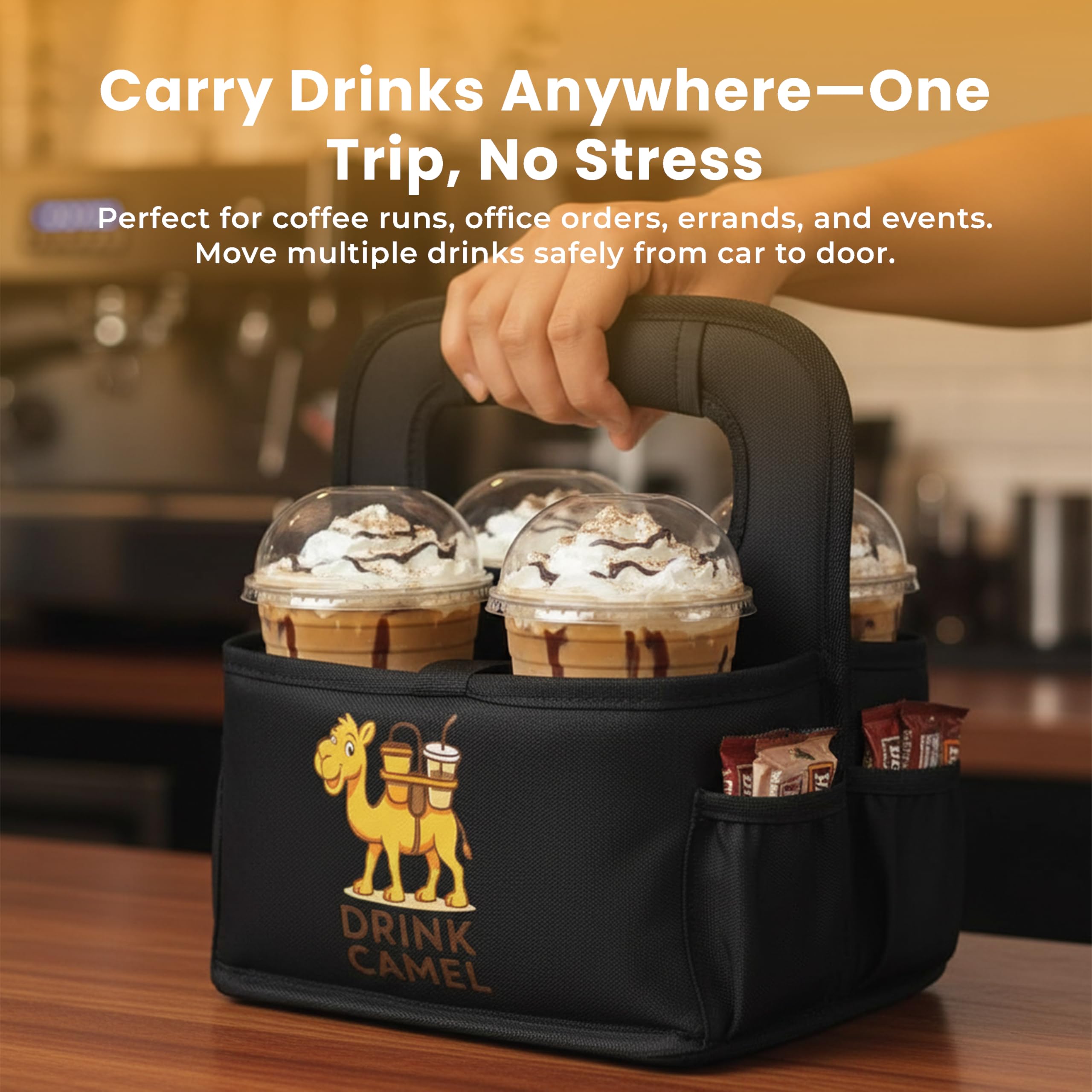 Reusable Drink Carrier with Handle – Durable No-Spill Insulated & Collapsible Beverage Bag with Pockets, Portable Caddy for On-the-Go Delivery, Travel & Car Use (6 Cup Carrier, Jet Black)
