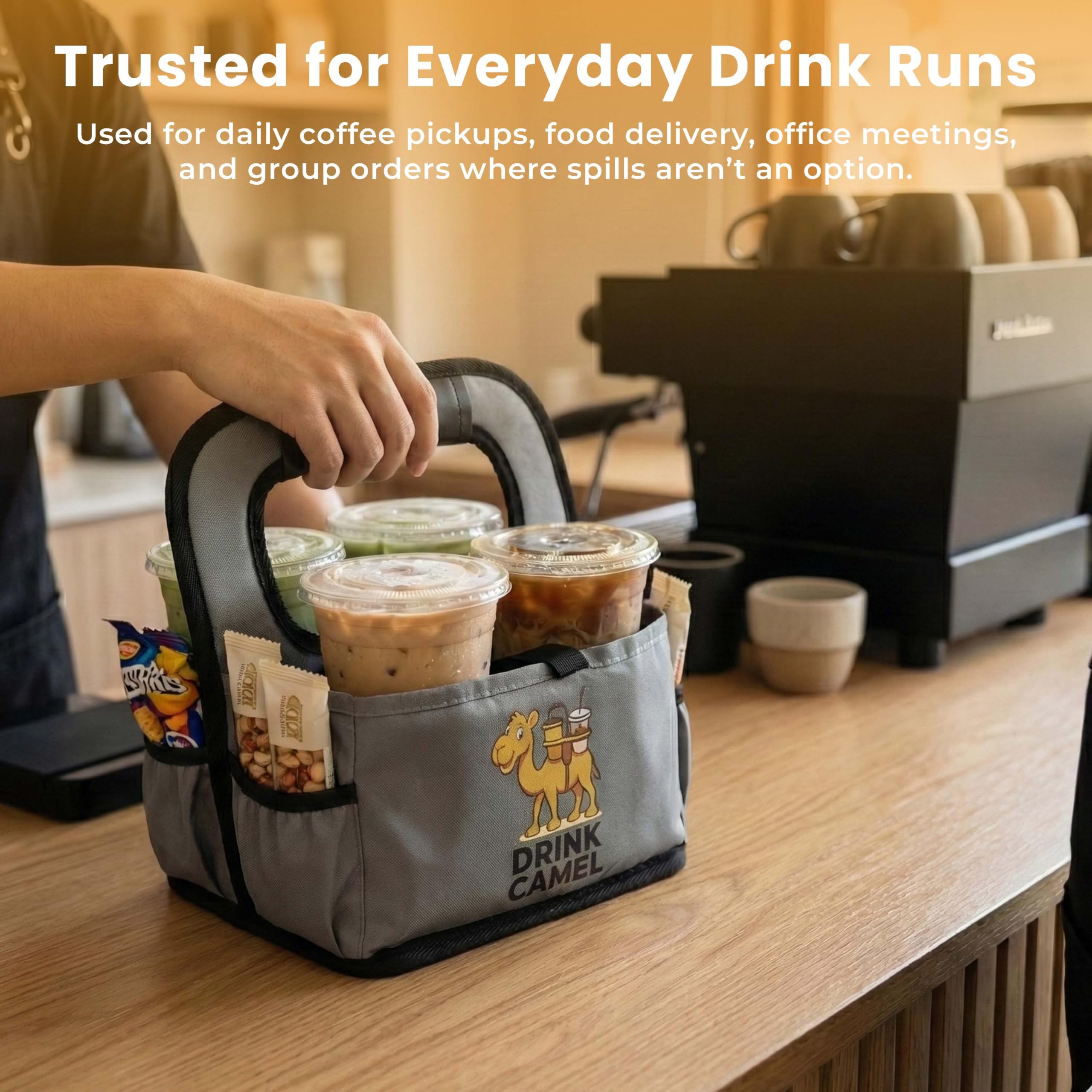 Reusable Drink Carrier with Handle – Durable No-Spill Insulated & Collapsible Beverage Bag with Pockets, Portable Caddy for On-the-Go Delivery, Travel & Car Use (6 Cup Carrier, Jet Black)