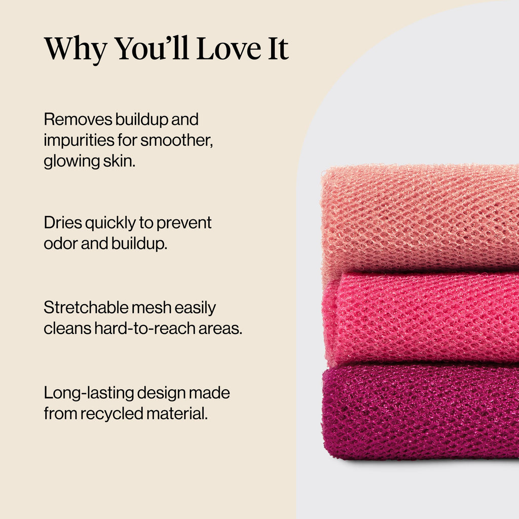 Kitsch African Net Sponge – Exfoliating Body Scrubber for Cleansing & Gentle Daily Exfoliation – Stretchable Bath Sponge for Hard-to-Reach Areas, Long-Lasting Shower Essential - Rosewood, 3 Pcs