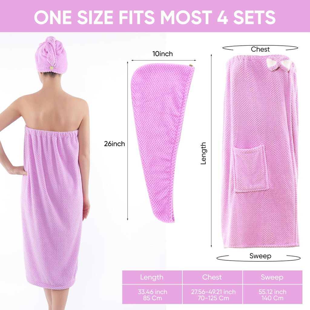 Spa Robe Bath wrap Towels for Women and Hair Drying Towel Waffle Spa Wraps with Pocket Adjustable Closure Lightweight Towel Wraps for Bath Shower (4, Purple)