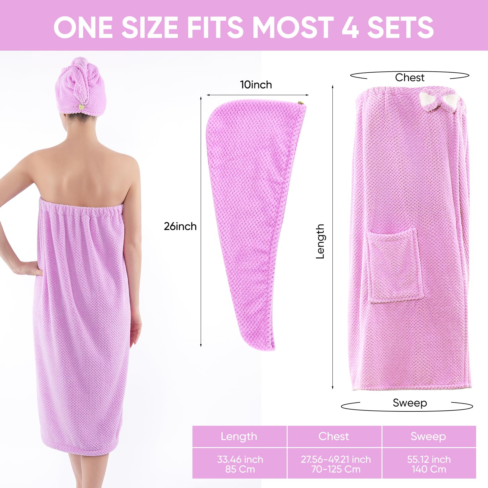 Spa Robe Bath wrap Towels for Women and Hair Drying Towel Waffle Spa Wraps with Pocket Adjustable Closure Lightweight Towel Wraps for Bath Shower (4, Purple)