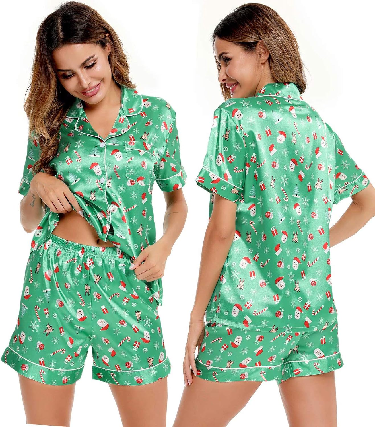 SWOMOG Womens Silk Satin Pajamas Set Short Sleeve Sleepwear Button Down Top and Shorts Loungewear 2 Piece Pjs Set XS-3XL