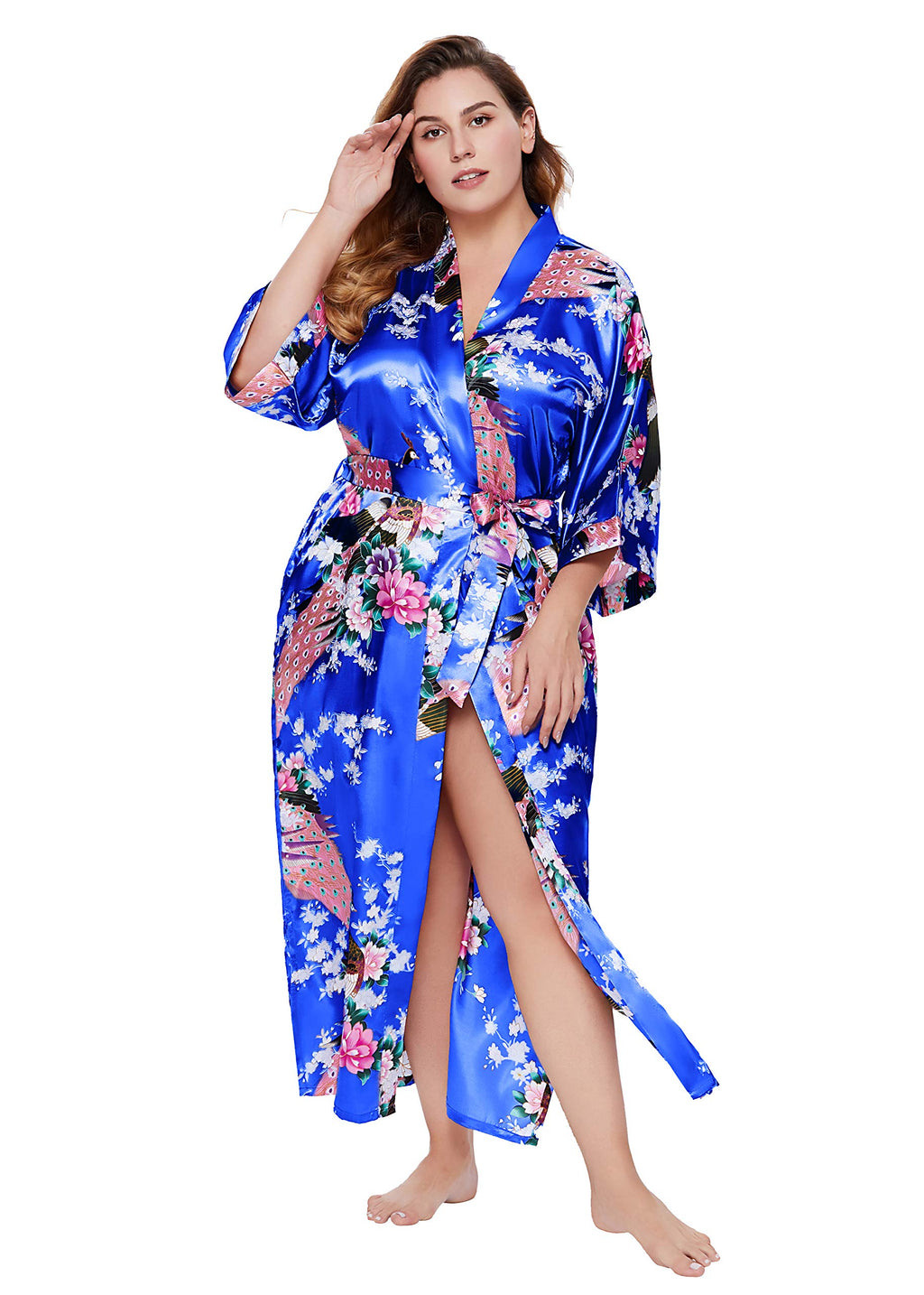 BABEYOND Women's Kimono Robe Long Satin Robes with Peacock and Blossoms Printed Kimono Nightgown