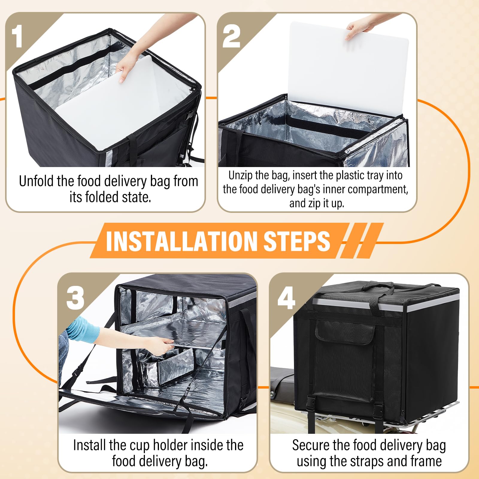 CroBlissful Huge Heat Insulation Food Delivery Bag for Motorcycle, Big Pizza Delivery Bags for Bicycle/scooter, 2 Layers, Rigid Frame(Side Loading,20 x 20 x 20 Inches)