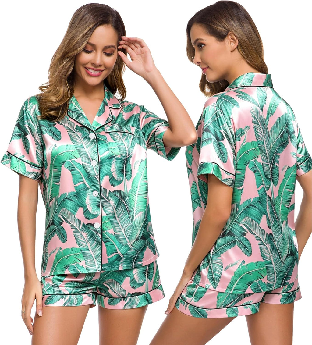 SWOMOG Womens Silk Satin Pajamas Set Short Sleeve Sleepwear Button Down Top and Shorts Loungewear 2 Piece Pjs Set XS-3XL