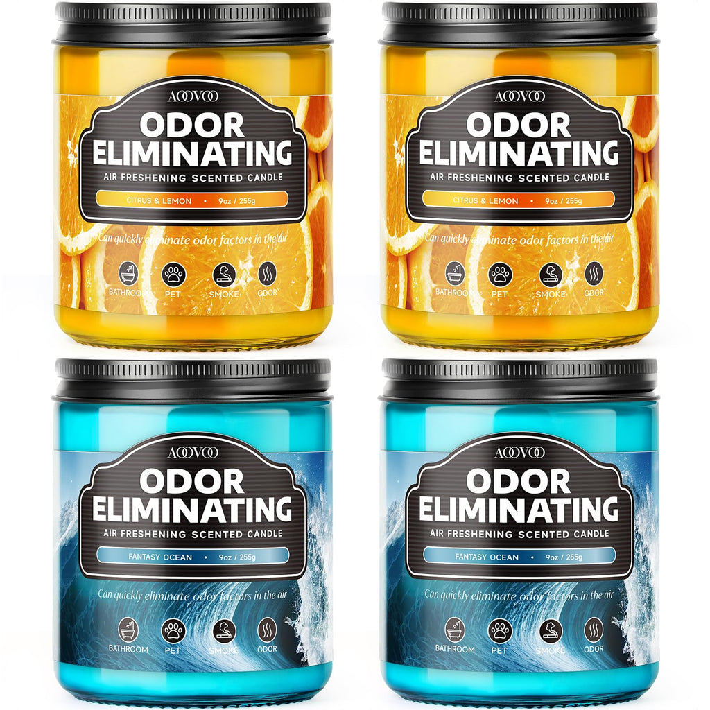 AOOVOO 4 Pack Citrus Lemon Odor Eliminating Highly Fragranced Candle Set - Eliminates 95% of Pet, Smoke, Food, and Other Smells Quickly, Non Toxic Air Freshing Soy Candle