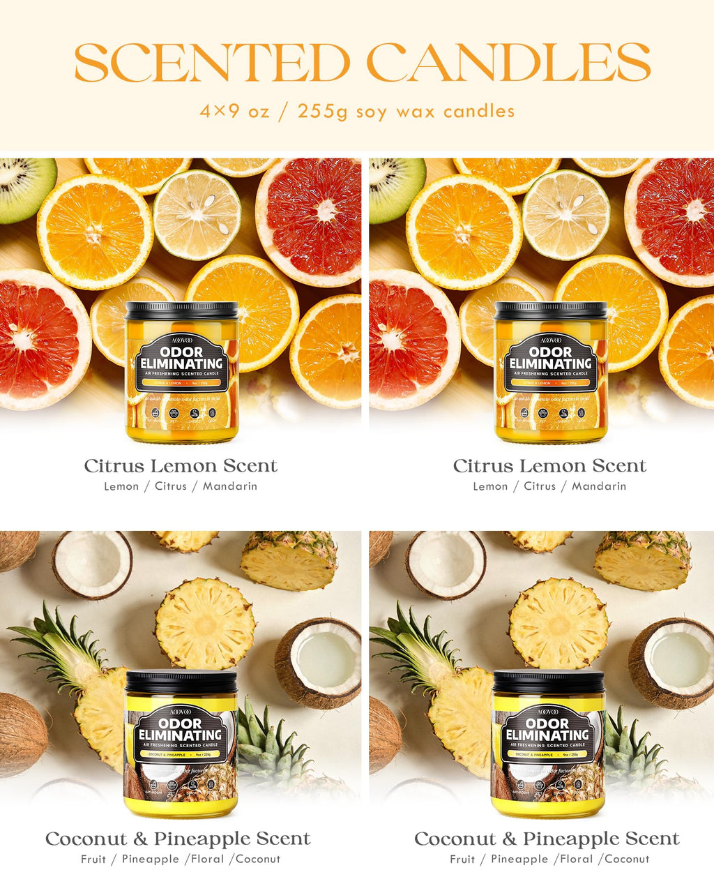 AOOVOO 4 Pack Citrus Lemon Odor Eliminating Highly Fragranced Candle Set - Eliminates 95% of Pet, Smoke, Food, and Other Smells Quickly, Non Toxic Air Freshing Soy Candle