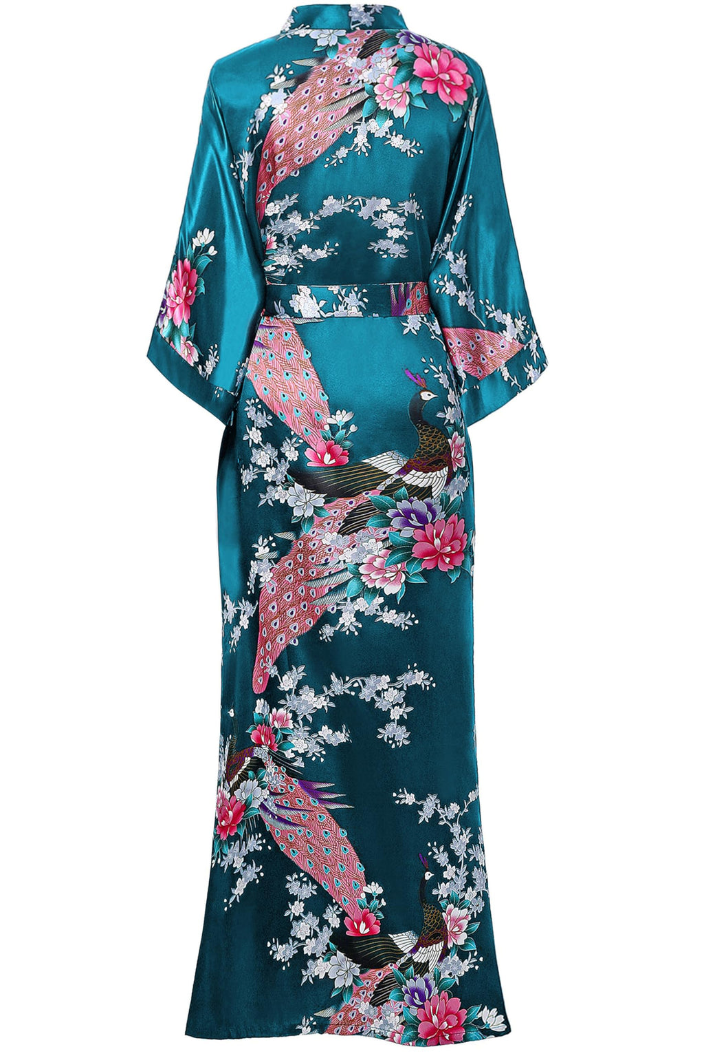 BABEYOND Women's Kimono Robe Long Satin Robes with Peacock and Blossoms Printed Kimono Nightgown